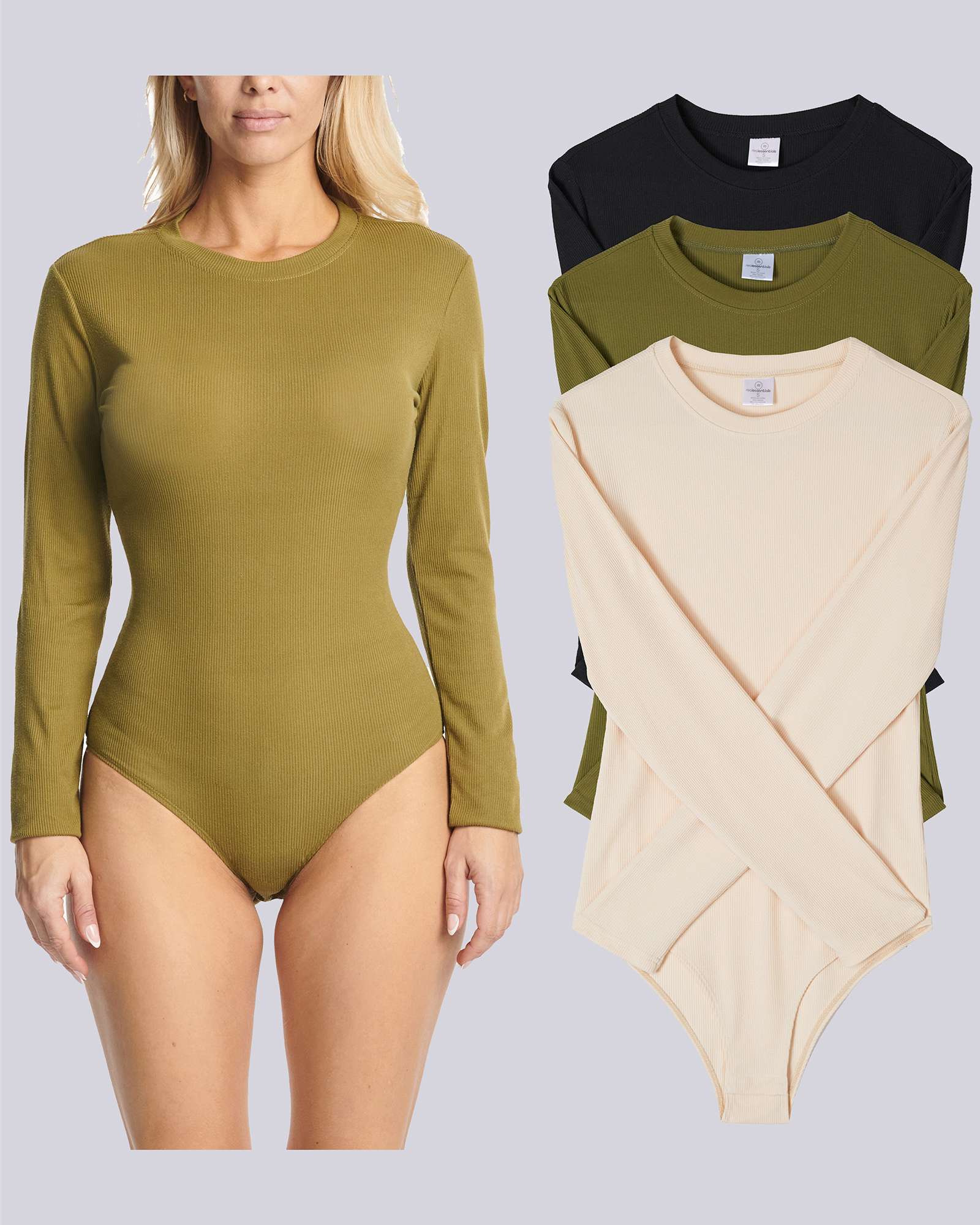 3 Pack: Women's Long Sleeve Ribbed Bodysuit