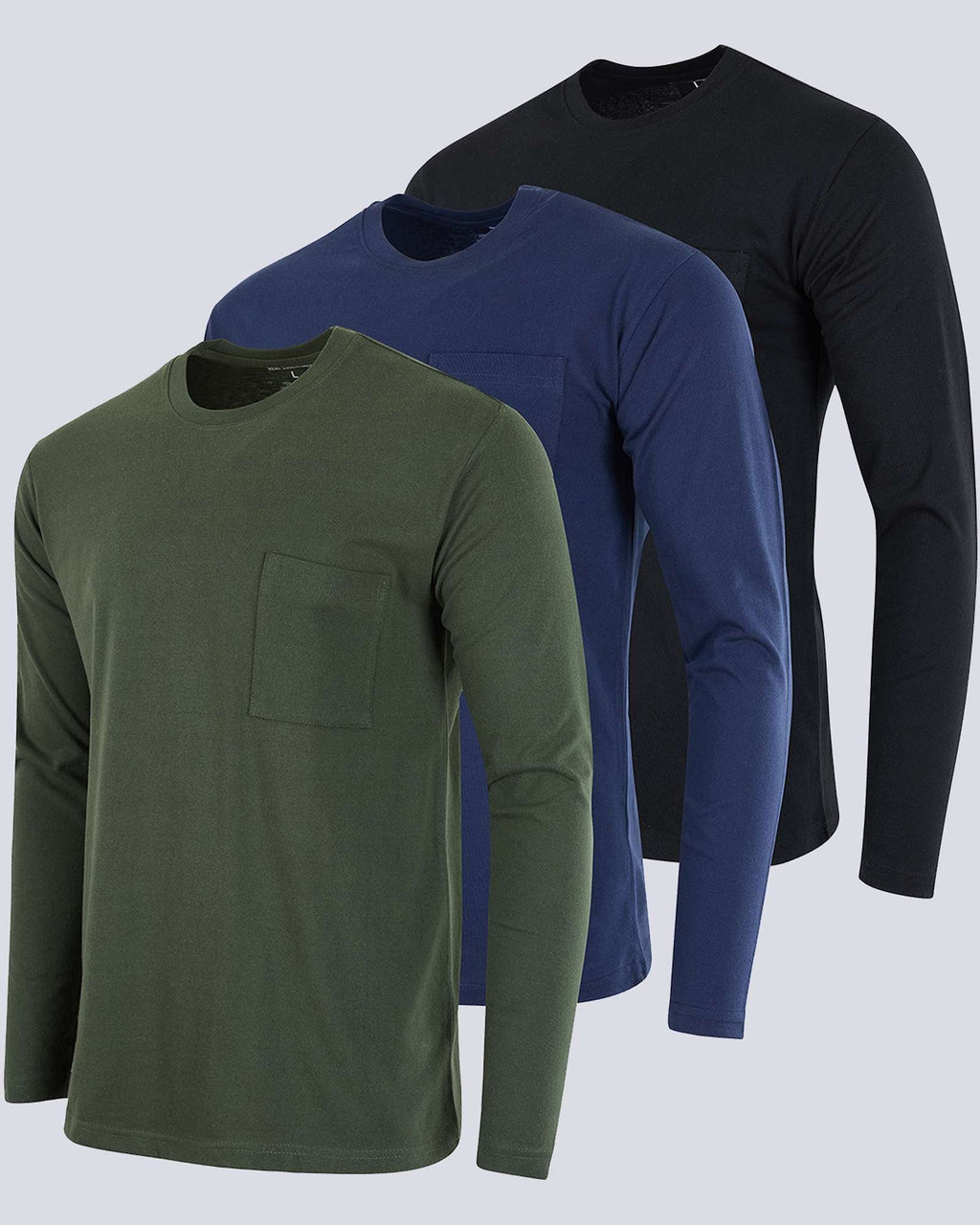 3 Pack: Mens Cotton Long Sleeve Crew Neck Pocket T-Shirt