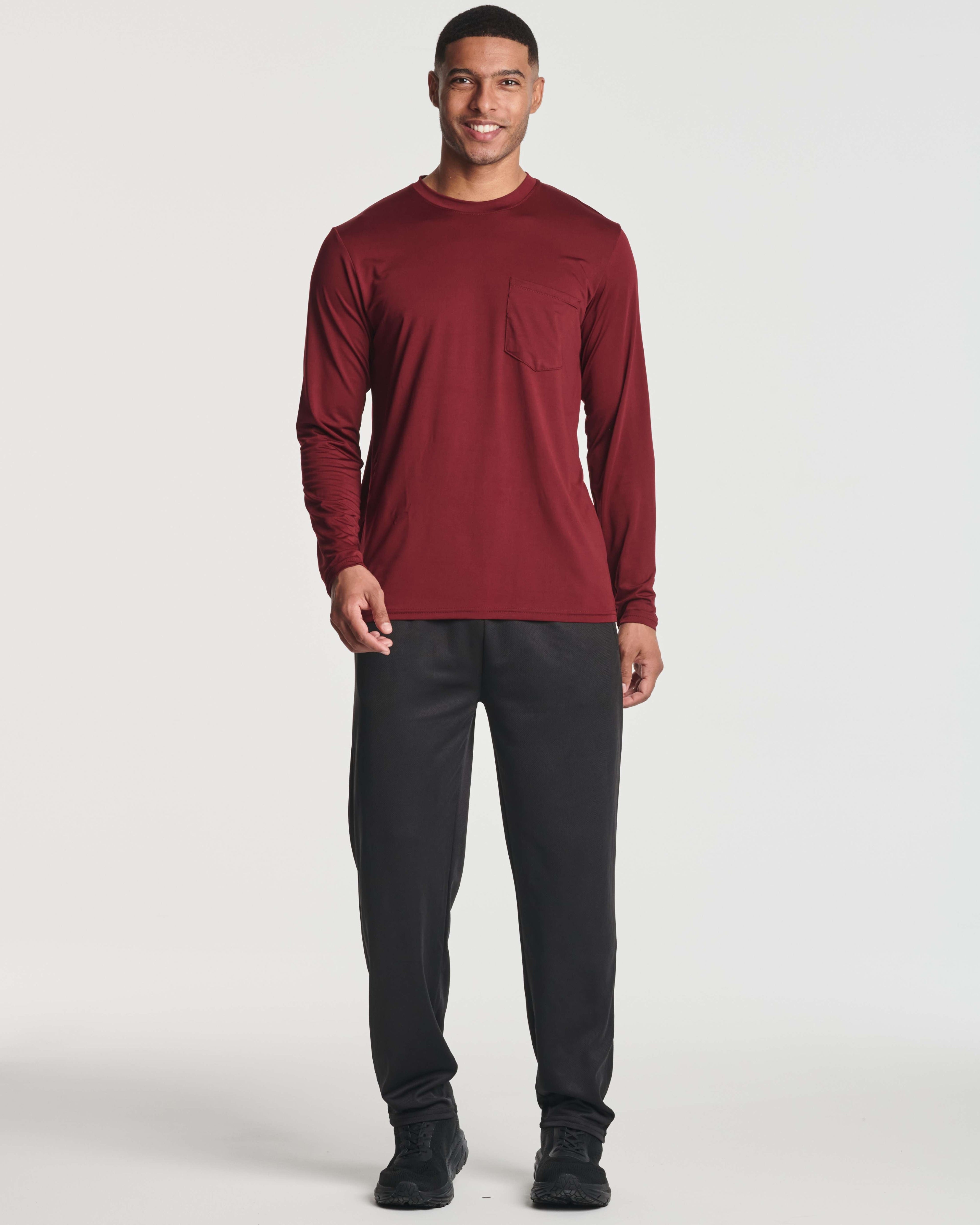 4 Pack: Mens Dry-Fit Long Sleeve Pocket Crew T-Shirt