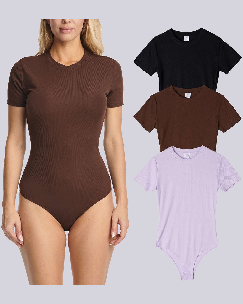3 Pack: Women's Round Neck Short Sleeve Ribbed Shapewear Bodysuit Shirt Tops (Available in Plus Size)