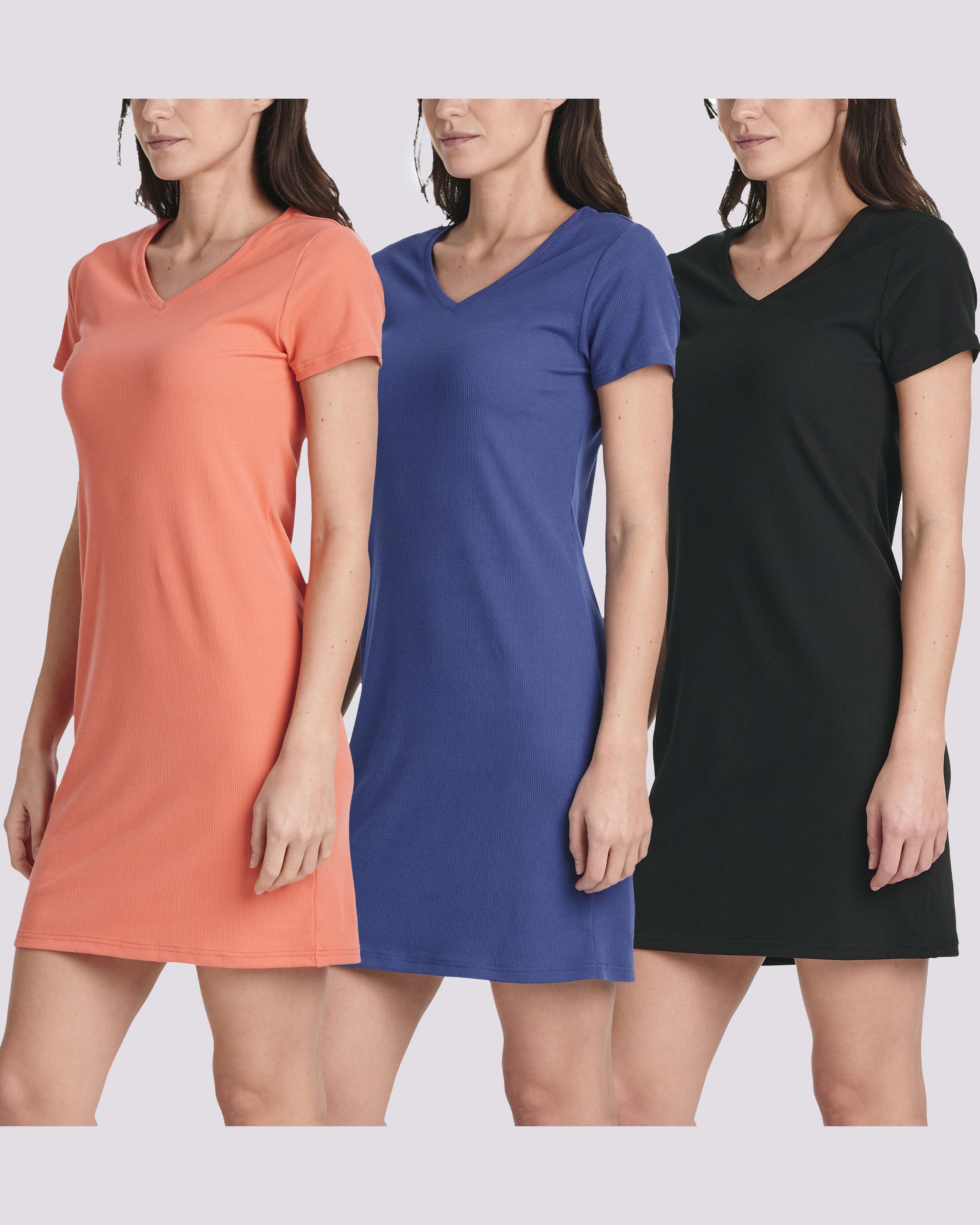 3 Pack: Women's Ribbed Knit Short-Sleeve V-Neck Swing Dress