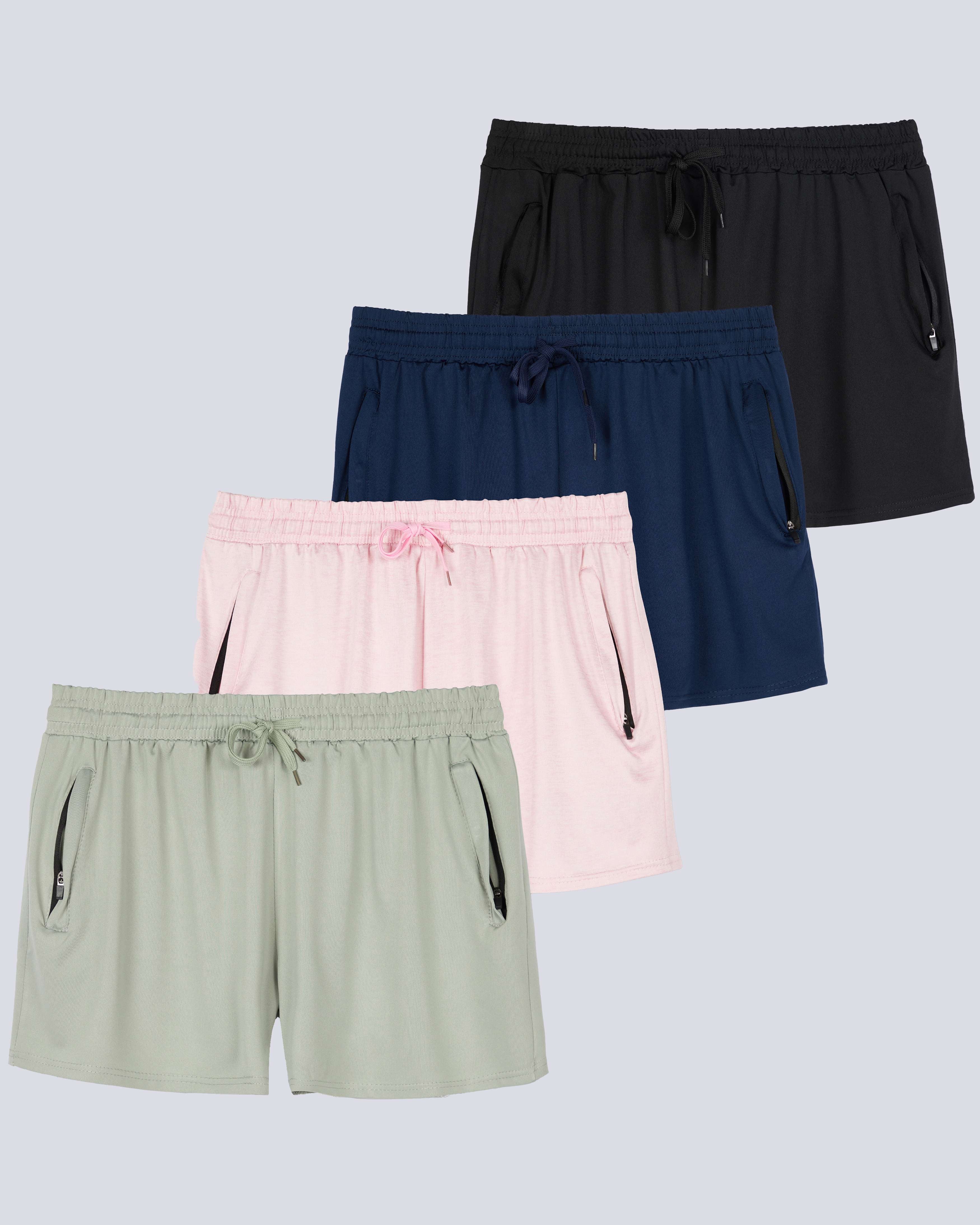 4 Pack: Womens Active Dry-Fit Shorts with Zipper Pockets
