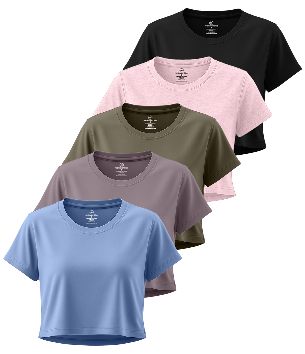 5 Pack: Women's Dry Fit Crop Top - Short Sleeve Crew Neck Stretch Athletic Tee (Available in Plus Size)