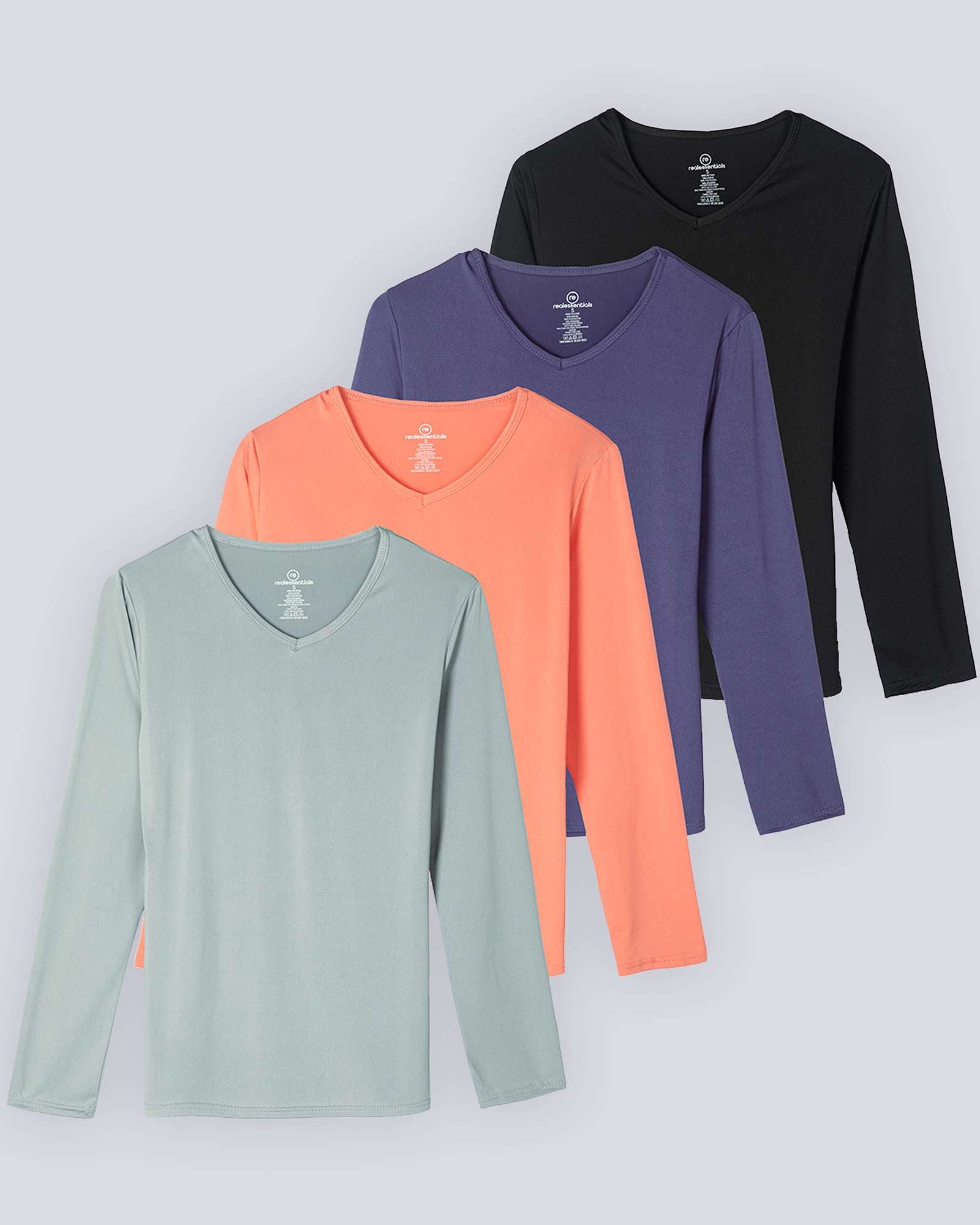 4 Pack: Women's Dry-Fit Long-Sleeve V-Neck Athletic Workout Shirt (Available in Plus Size)