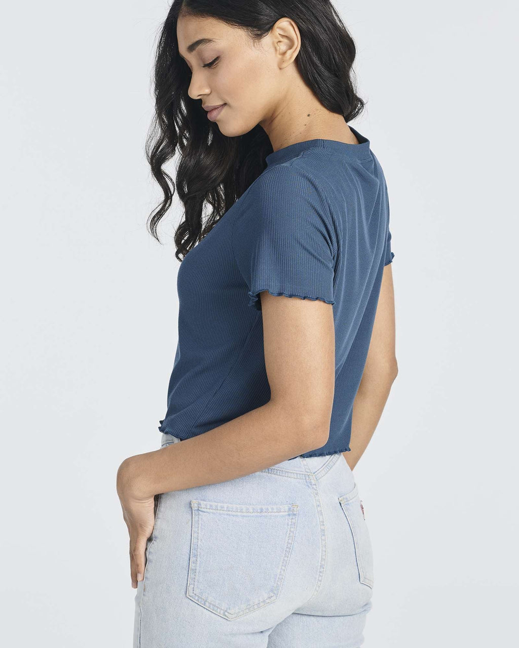 4 Pack: Women's Lettuce Trim Ribbed Knit Short Sleeve Crop Tops