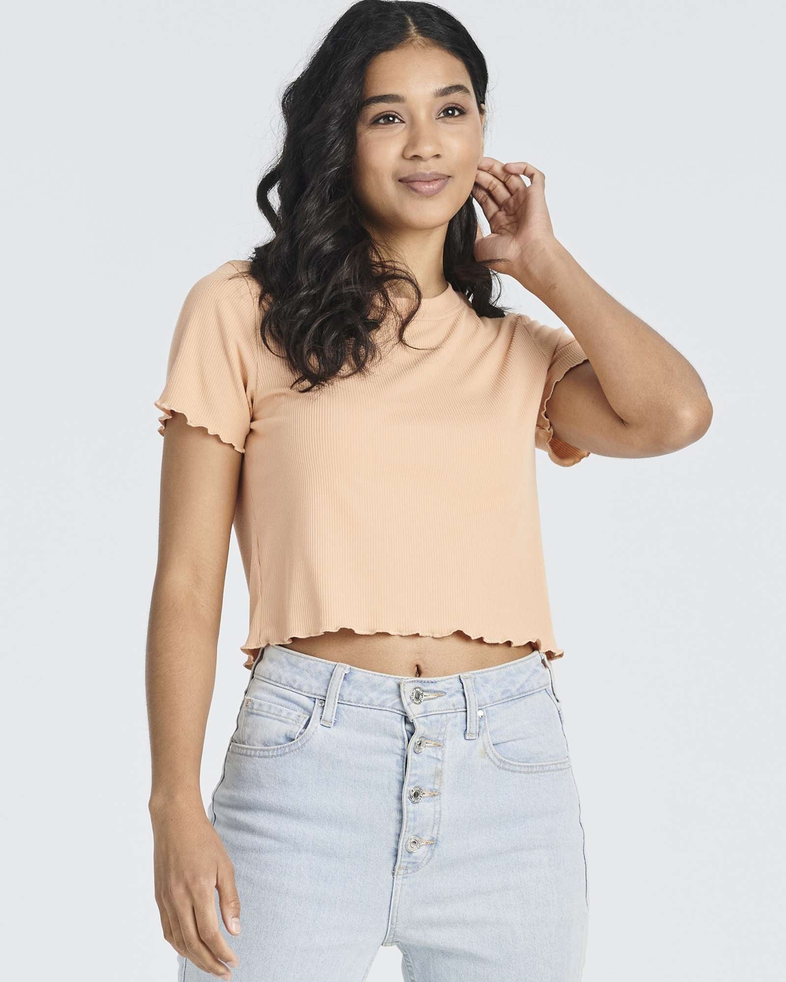 4 Pack: Women's Lettuce Trim Ribbed Knit Short Sleeve Crop Tops