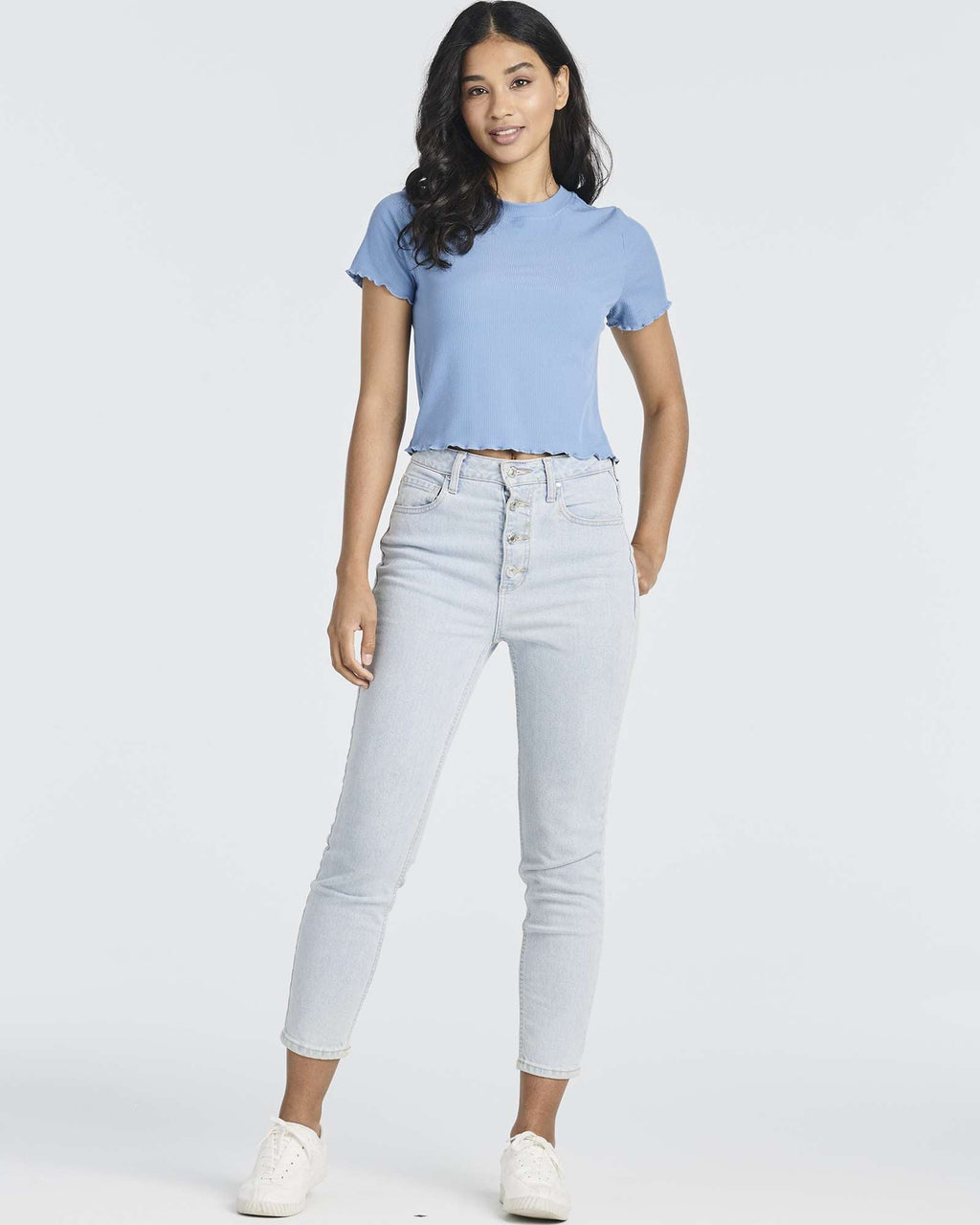 4 Pack: Women's Lettuce Trim Ribbed Knit Short Sleeve Crop Tops