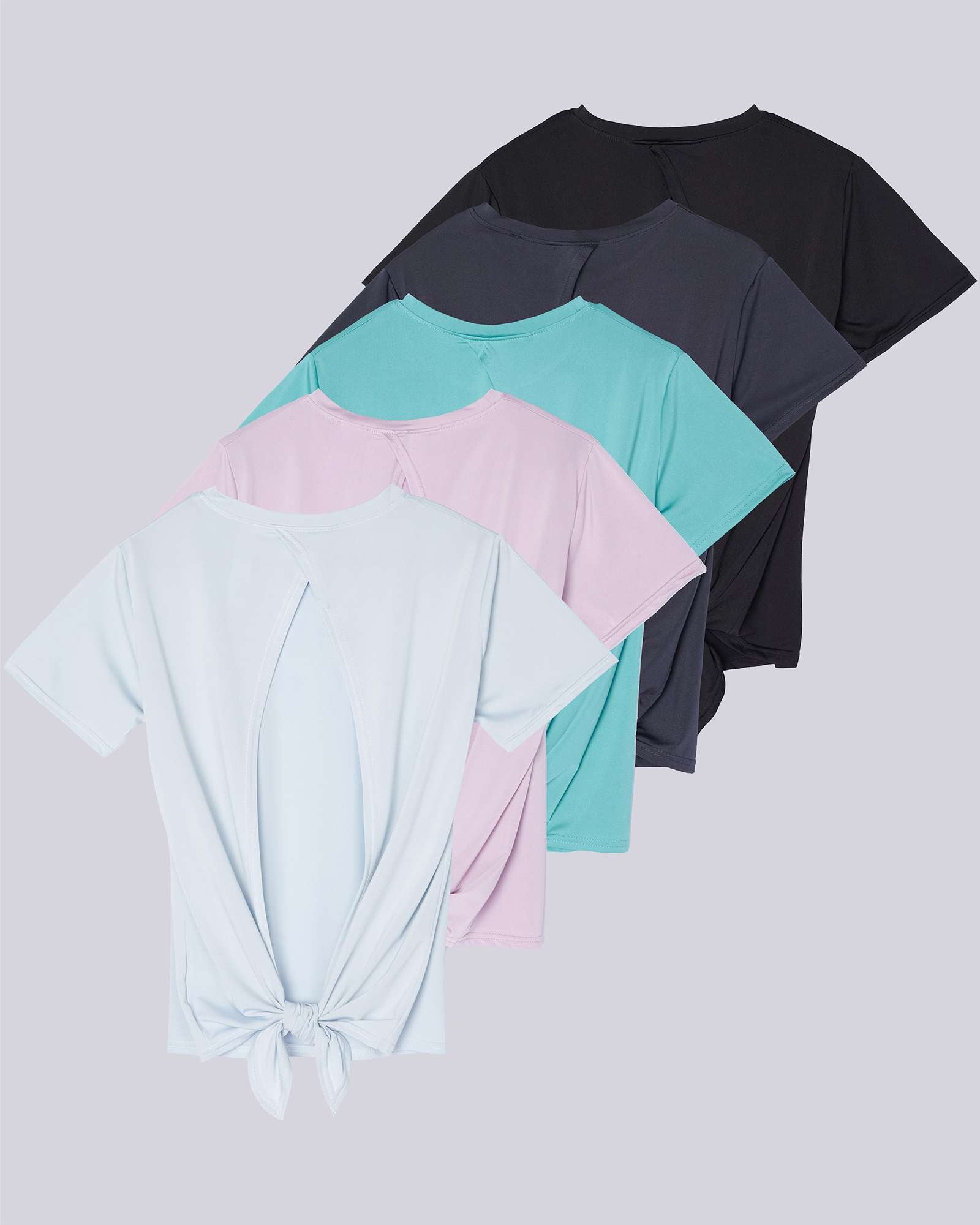 5 Pack: Women's Short Sleeve Open Back Tie Back Dry-Fit T-Shirt
