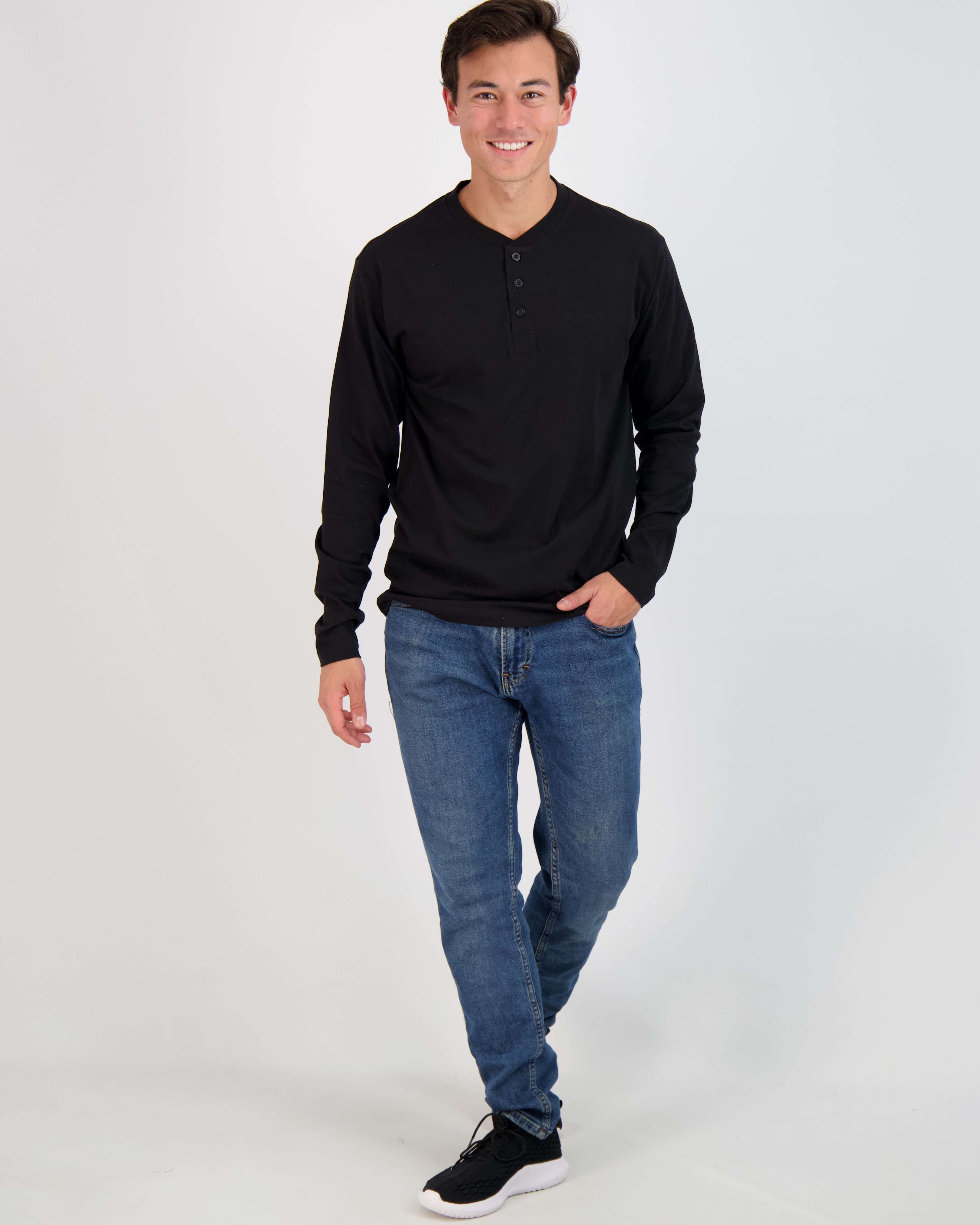 3 Pack: Mens Long Sleeve Cotton Henley T-Shirt
