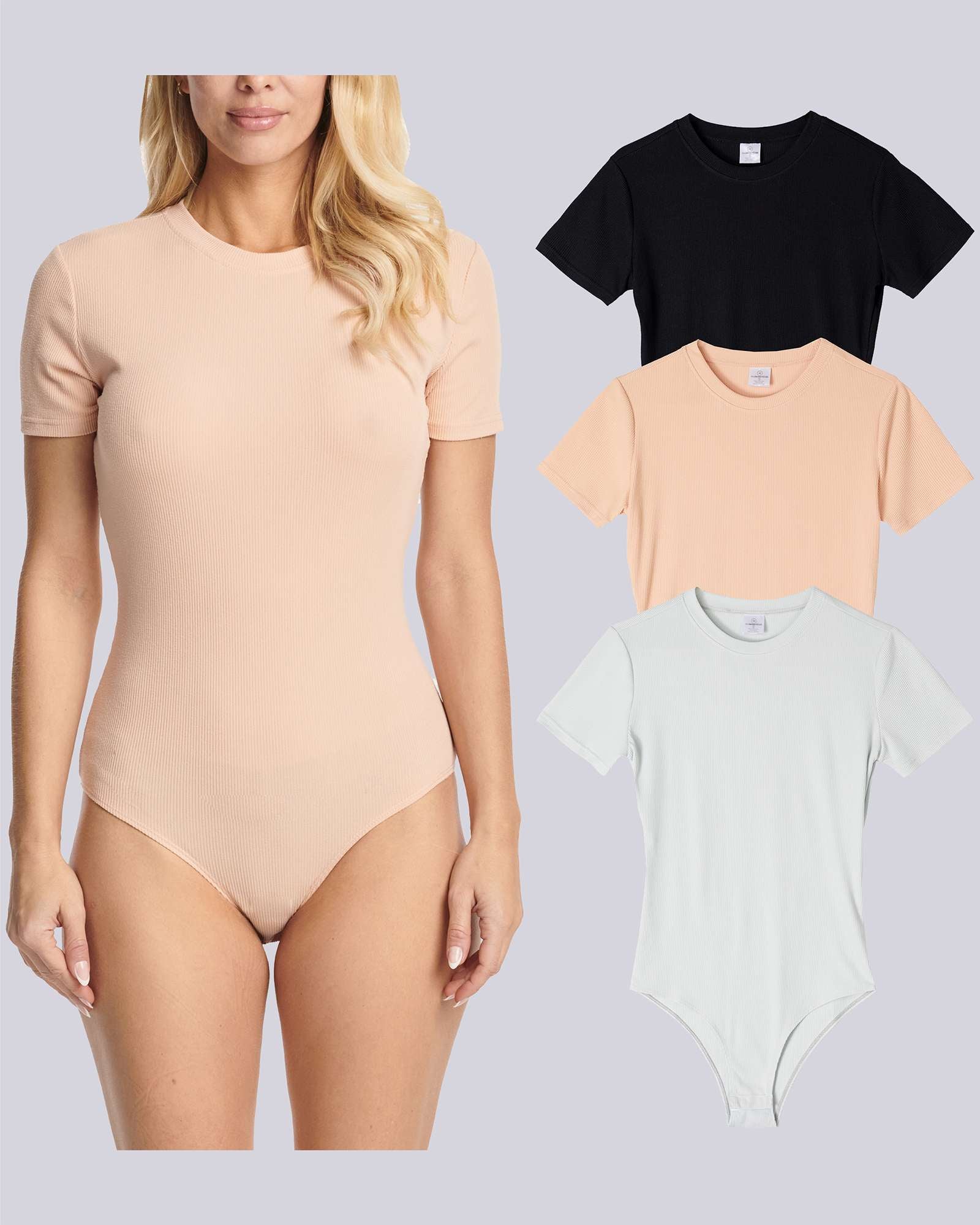 3 Pack: Women's Round Neck Short Sleeve Ribbed Shapewear Bodysuit Shirt Tops (Available in Plus Size)