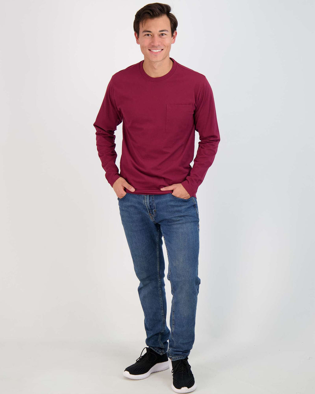 3 Pack: Mens Cotton Long Sleeve Crew Neck Pocket T-Shirt