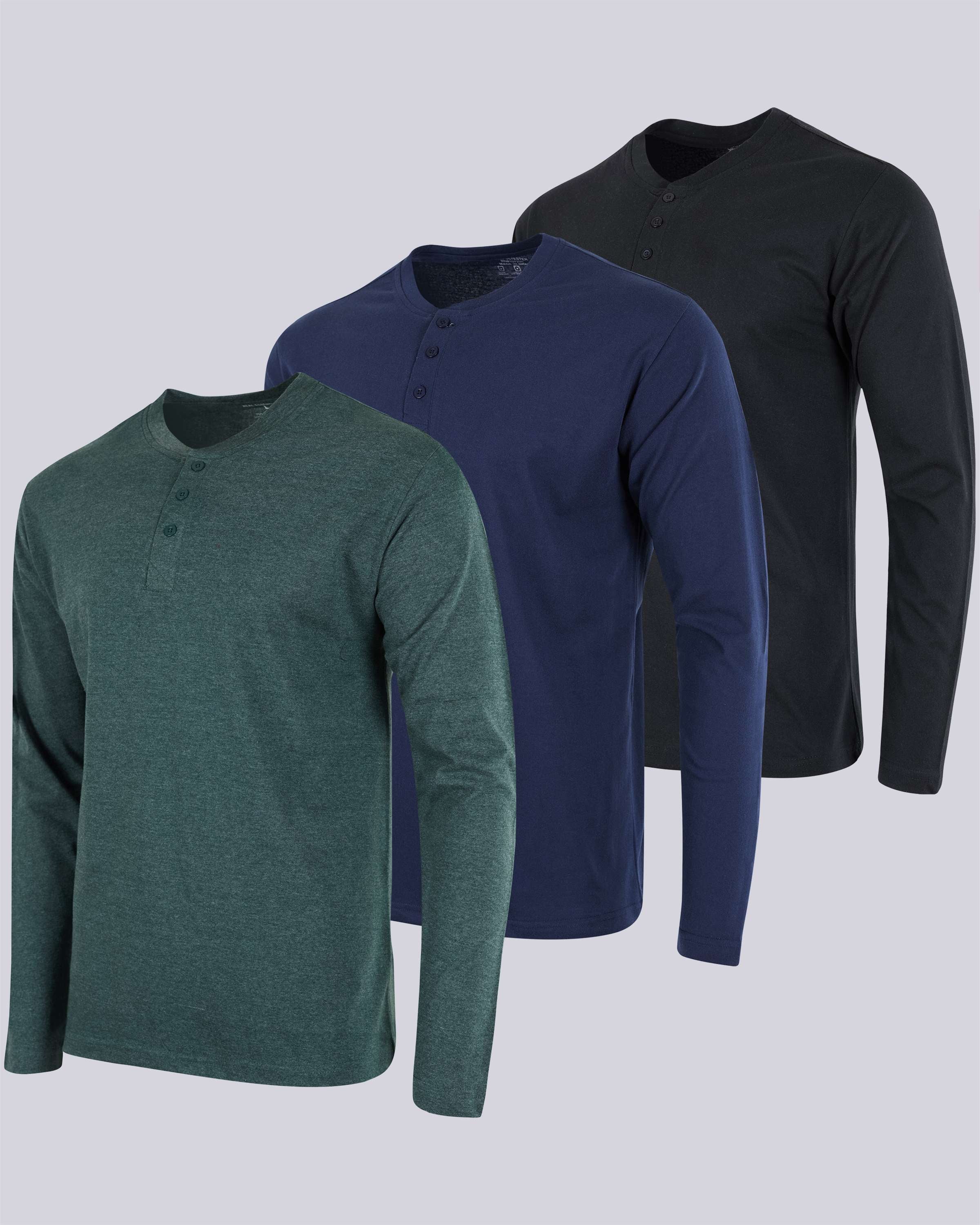 3 Pack: Mens Long Sleeve Cotton Henley T-Shirt