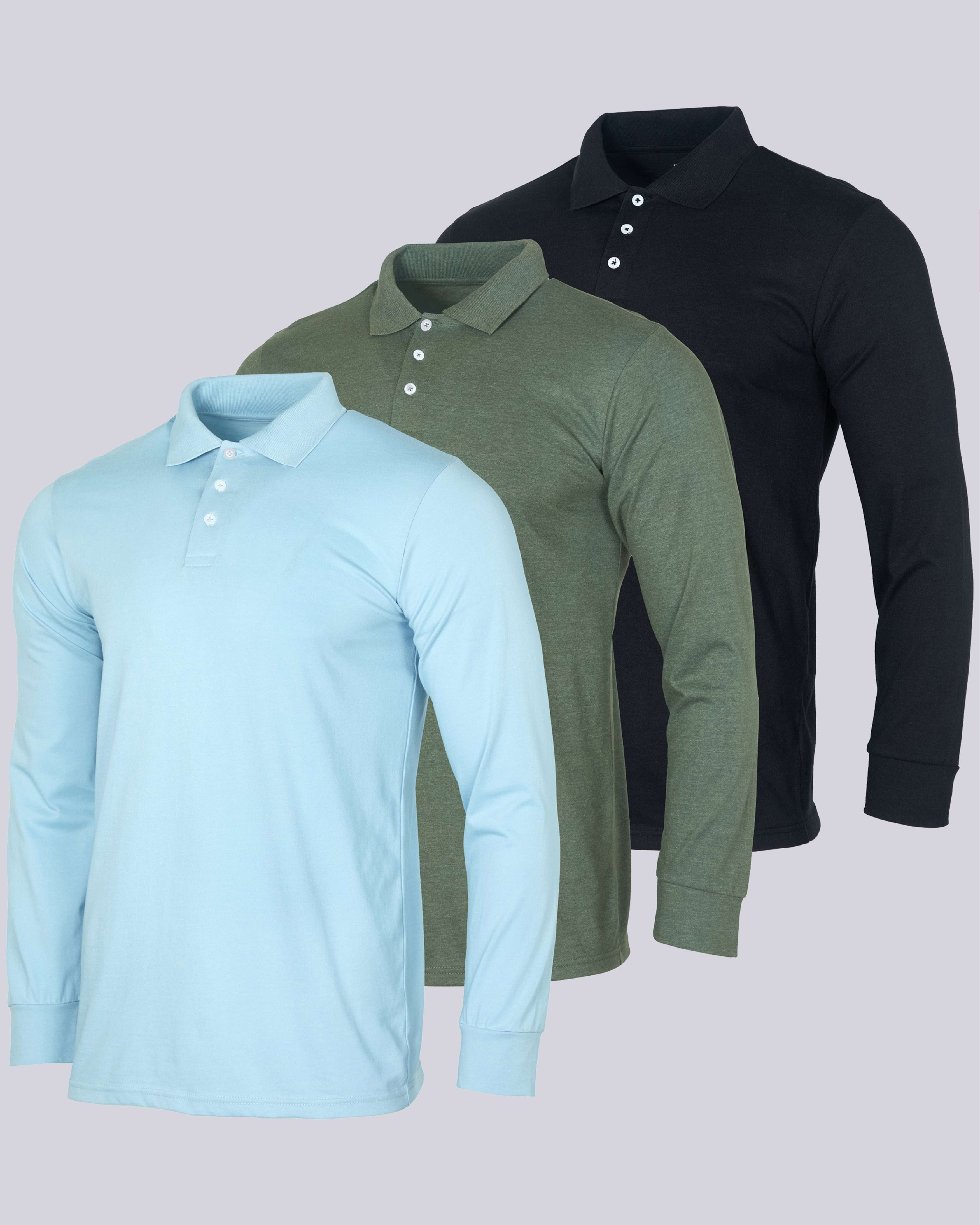 3 Pack: Men's Cotton Jersey Long-Sleeve Polo Shirt (Available in Big & Tall)