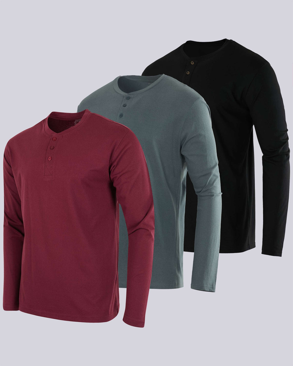 3 Pack: Mens Long Sleeve Cotton Henley T-Shirt