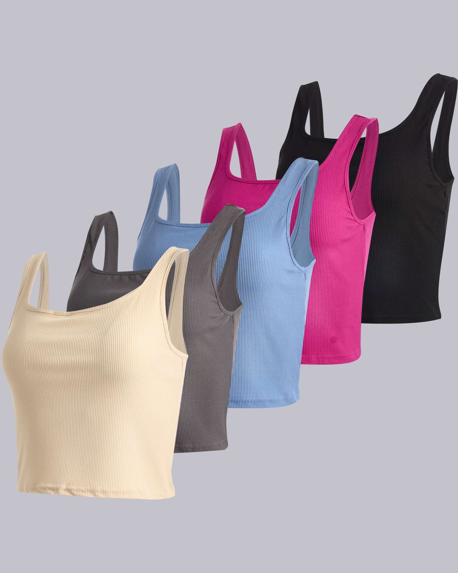 Real Essentials 5 Pack: Women's Soft Knit Ribbed Square Neck Cropped Tank Top - Sleeveless Crop Tops