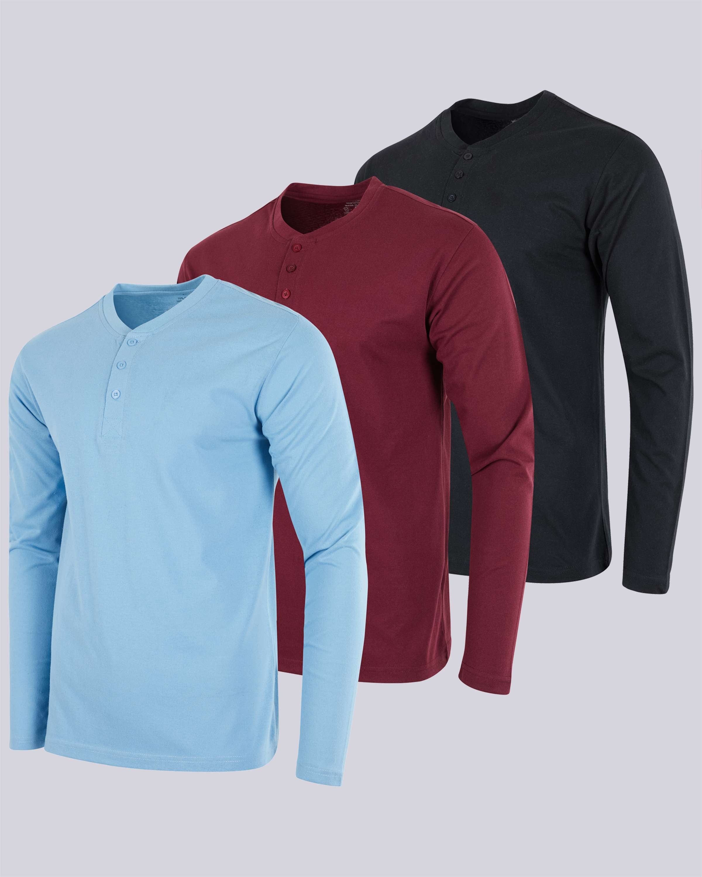 3 Pack: Mens Long Sleeve Cotton Henley T-Shirt