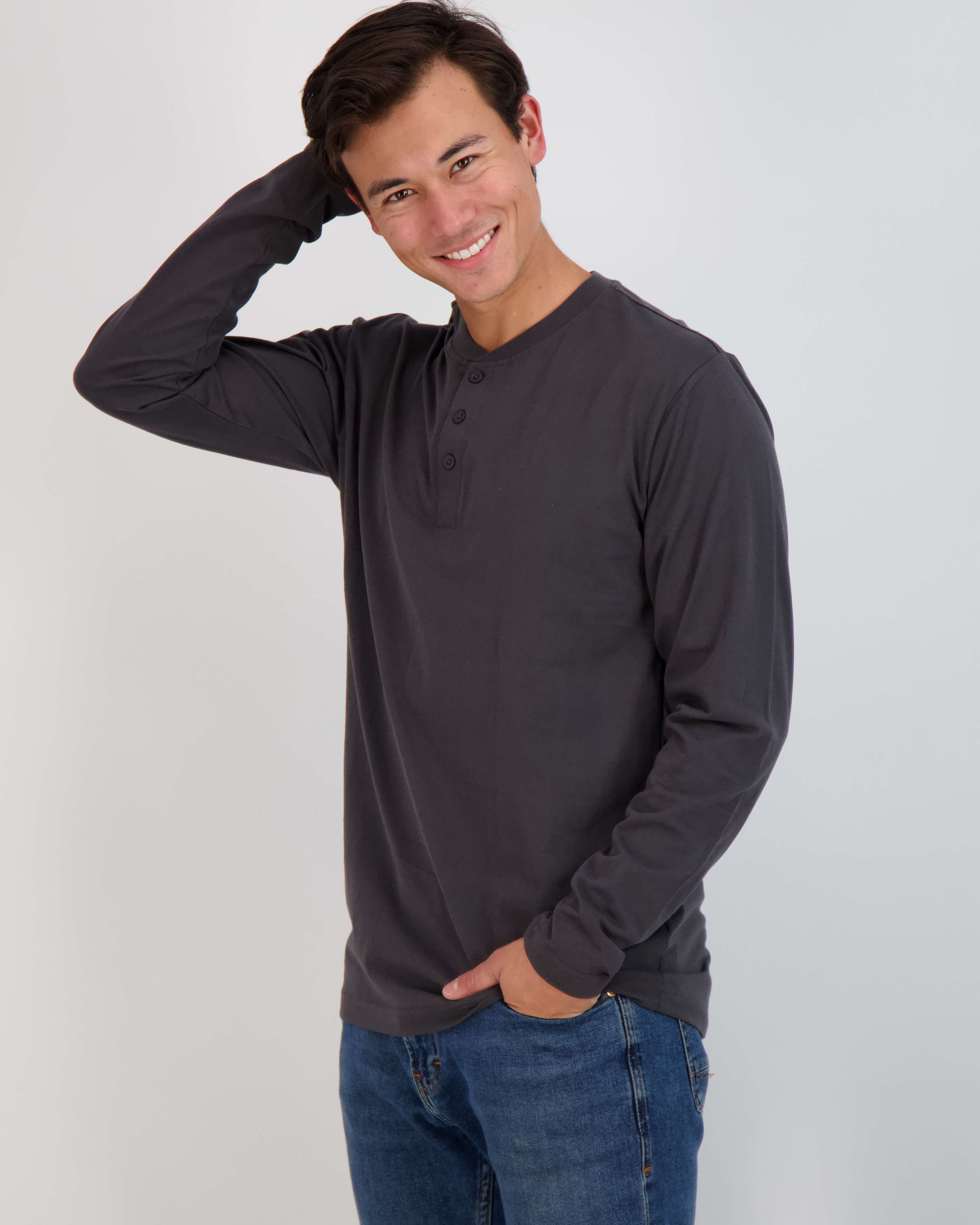3 Pack: Mens Long Sleeve Cotton Henley T-Shirt