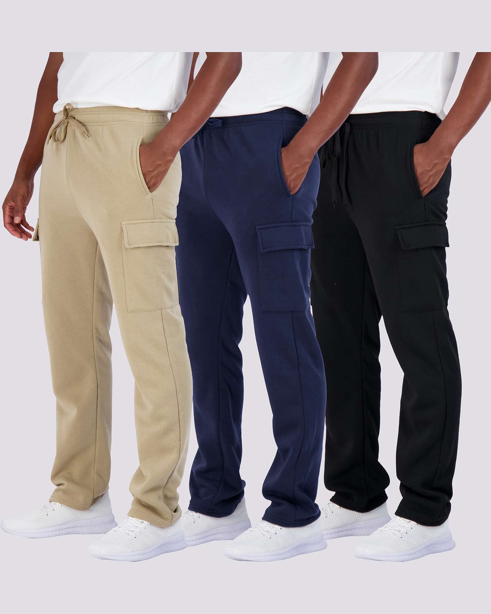 3 Pack: Mens Fleece Cargo Open Bottom Sweatpants