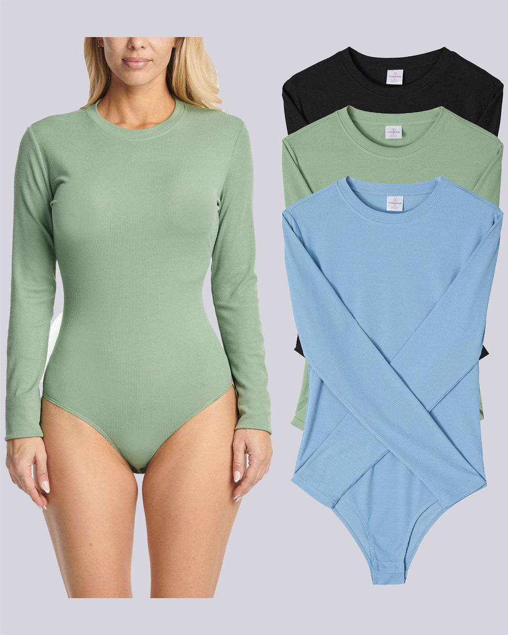 3 Pack: Women's Long Sleeve Ribbed Bodysuit