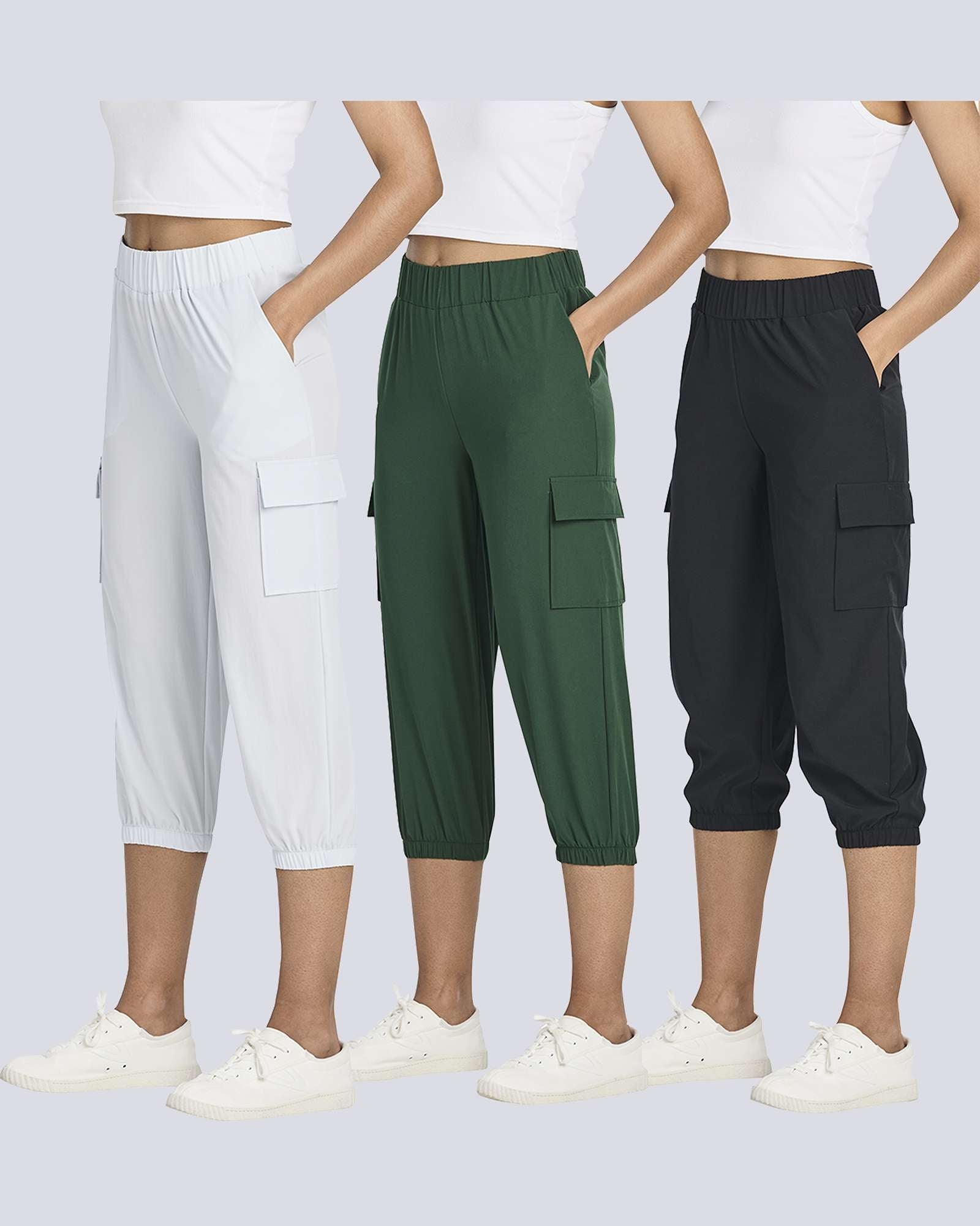 3 Pack: Women's Woven Cargo Capri Jogger Pants