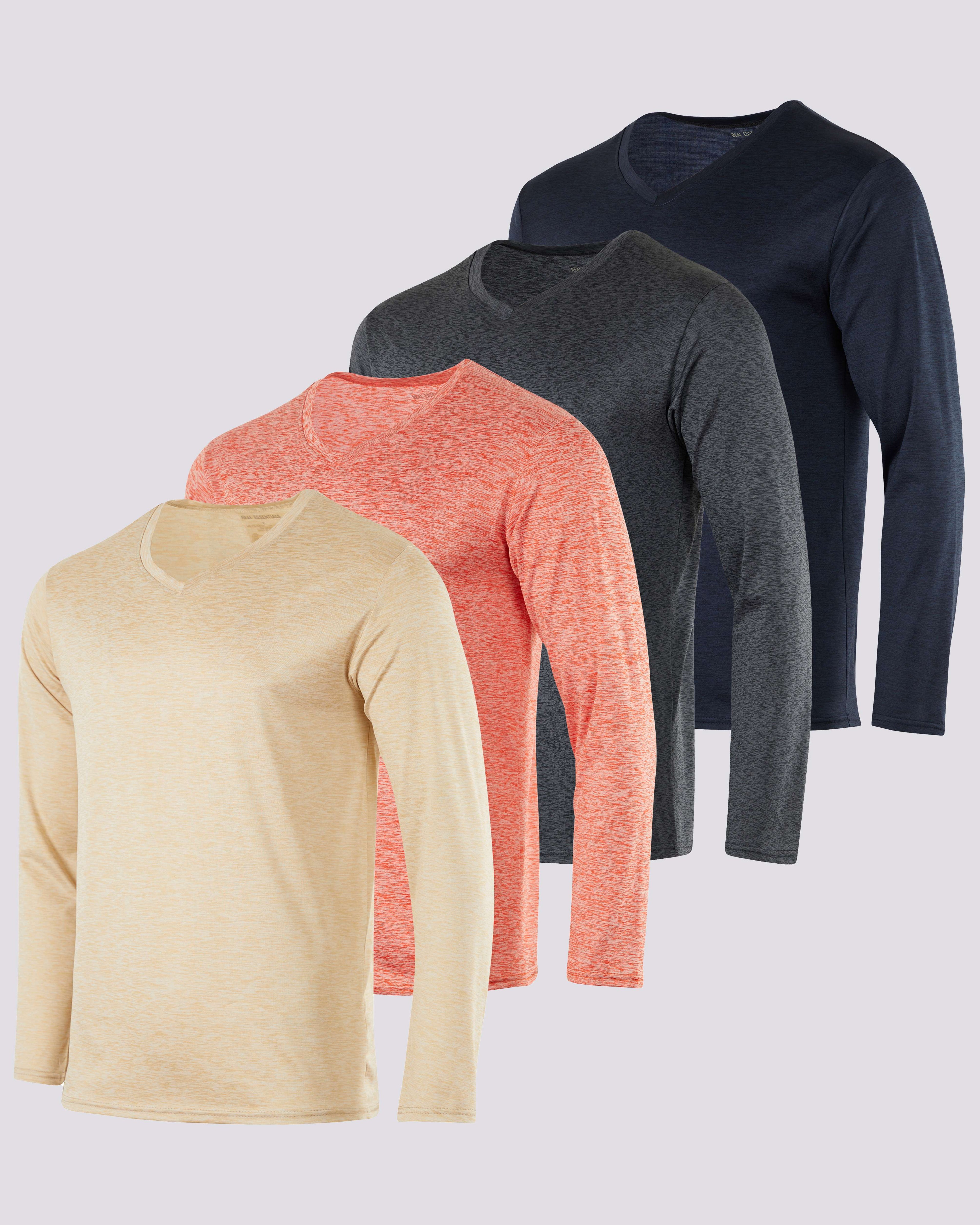 4 Pack: Mens V-Neck Long Sleeve Dry Fit T-Shirt