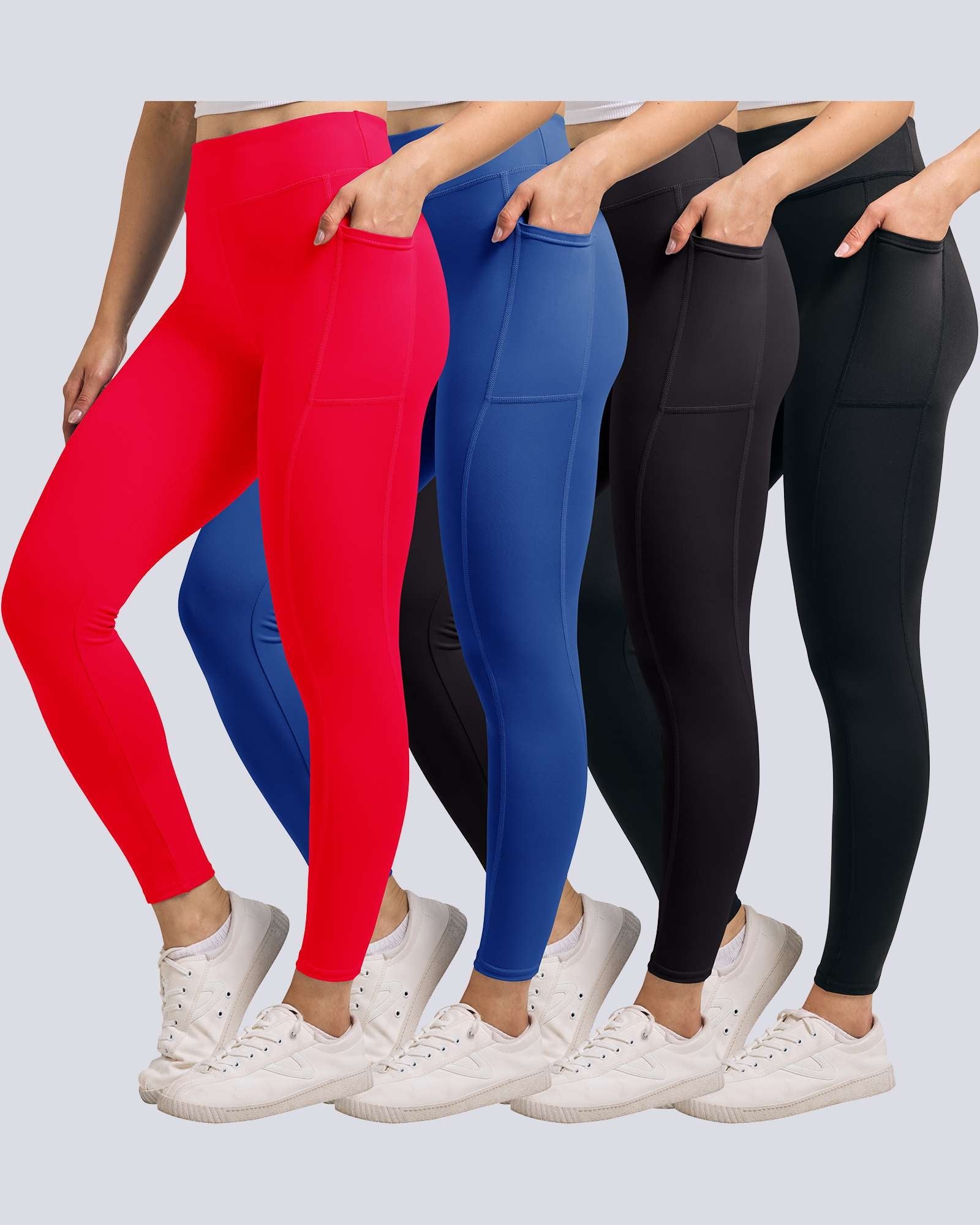 4 Pack: Women's Full Length Fitted Athletic Yoga Performance Leggings with Pockets