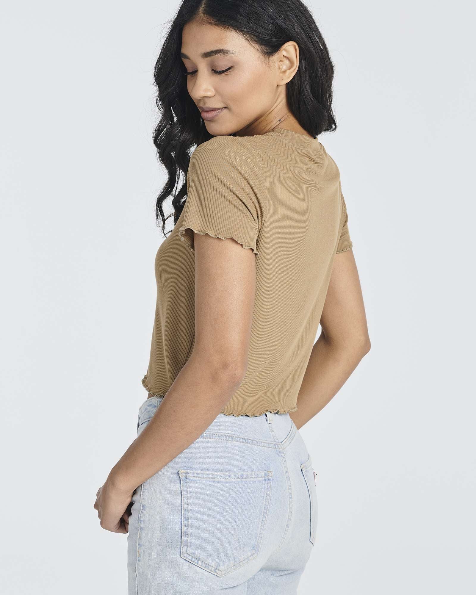 4 Pack: Women's Lettuce Trim Ribbed Knit Short Sleeve Crop Tops