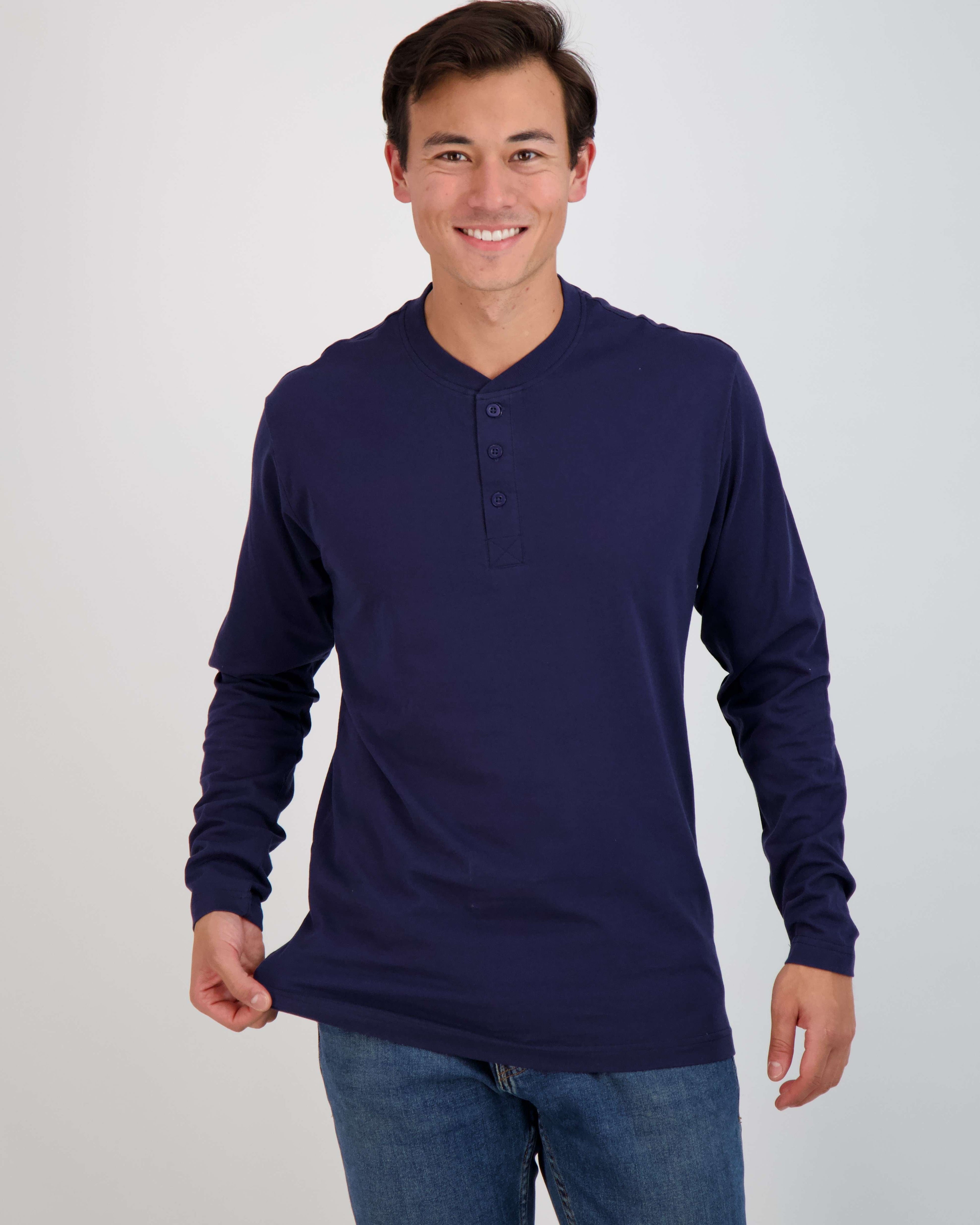 3 Pack: Mens Long Sleeve Cotton Henley T-Shirt