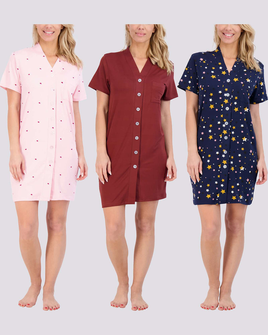 3 Pack: Women's Short Sleeve Button-Down Nightshirt
