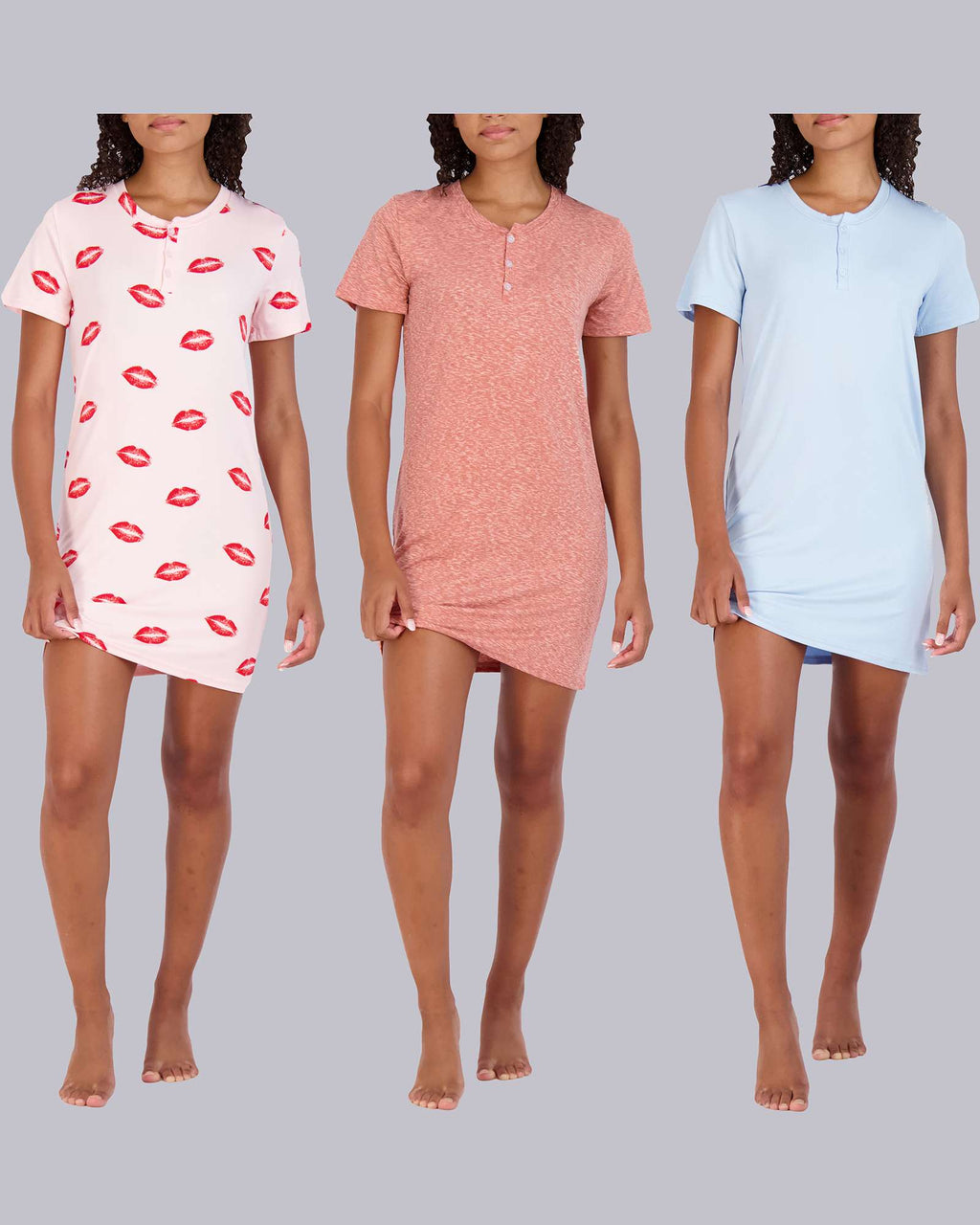 3 Pack: Womens Short Sleeve Henley Nightshirt Nightgown Sleep Dress