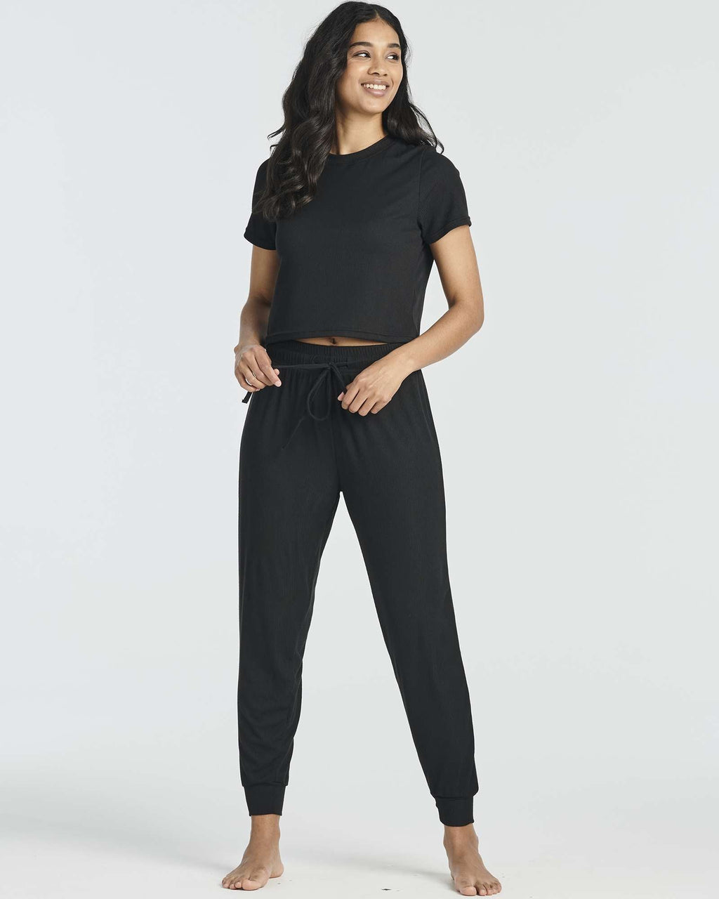 2 Pack: Women's Ribbed Knit Cropped Top with Jogger Sweatpants