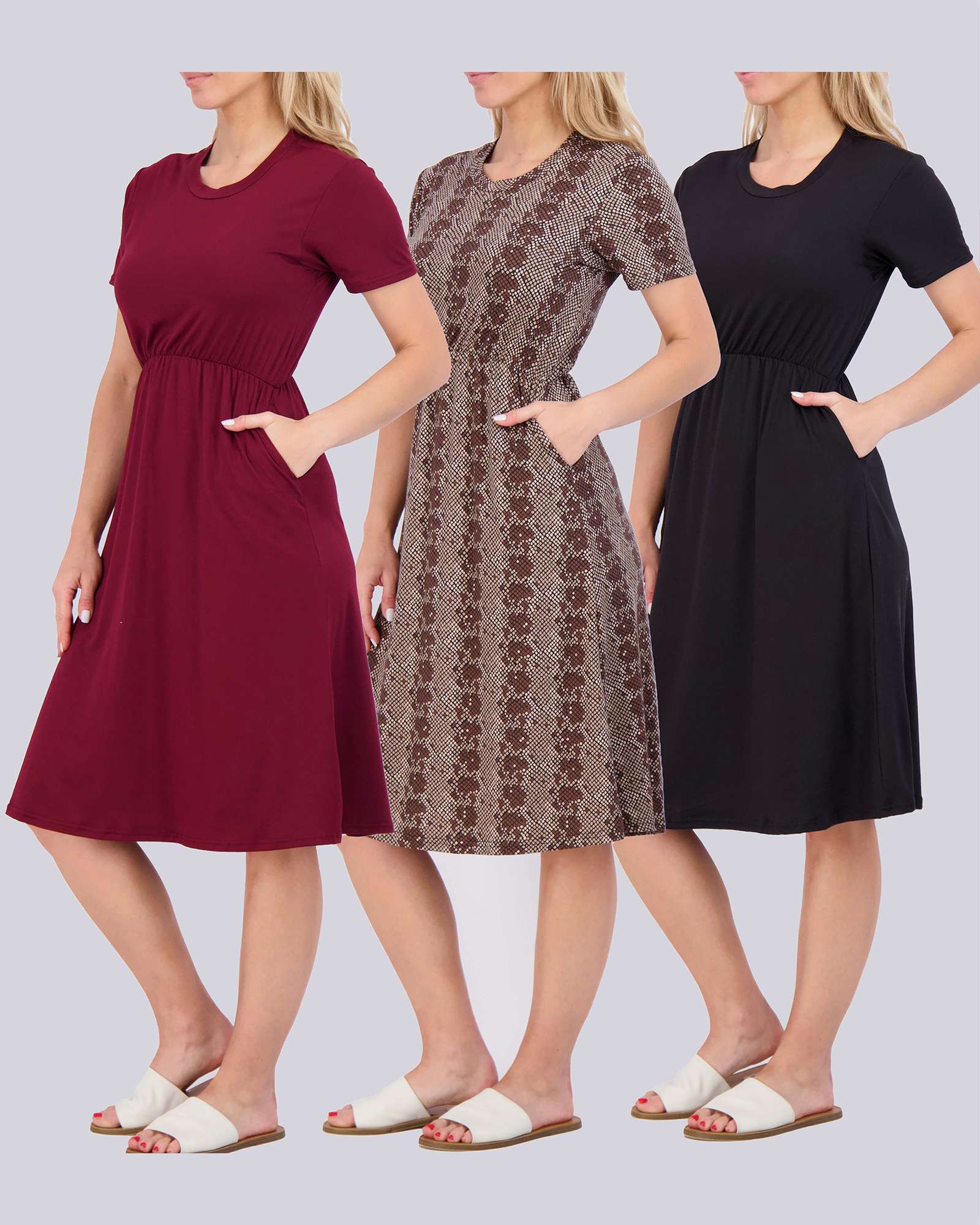 3 Pack: Women's Midi Short Sleeve Soft T-Shirt Dress (Available in Plus Size)