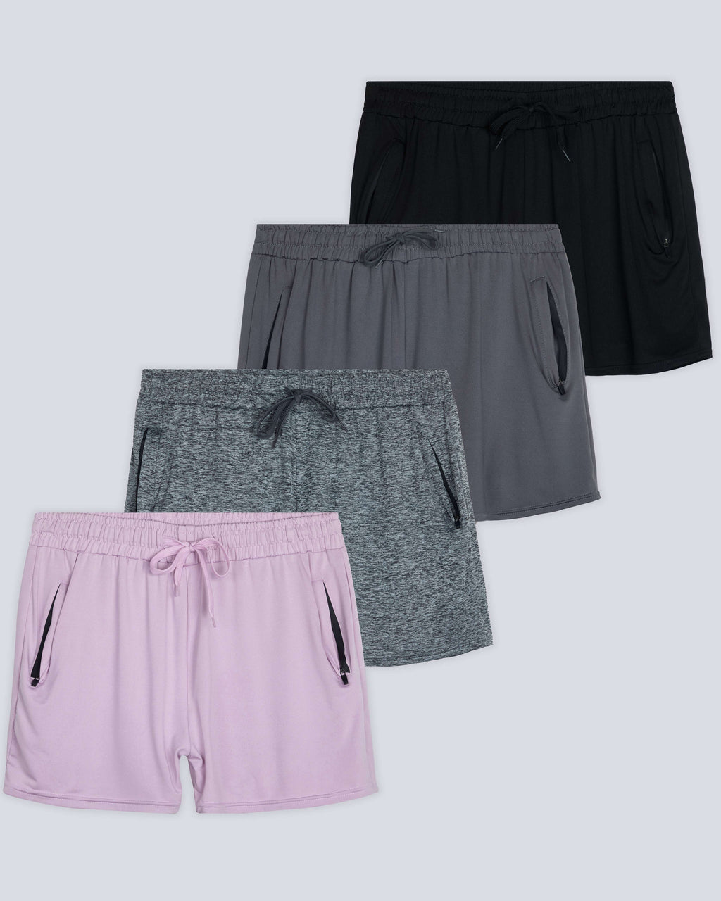4 Pack: Womens Active Dry-Fit Shorts with Zipper Pockets