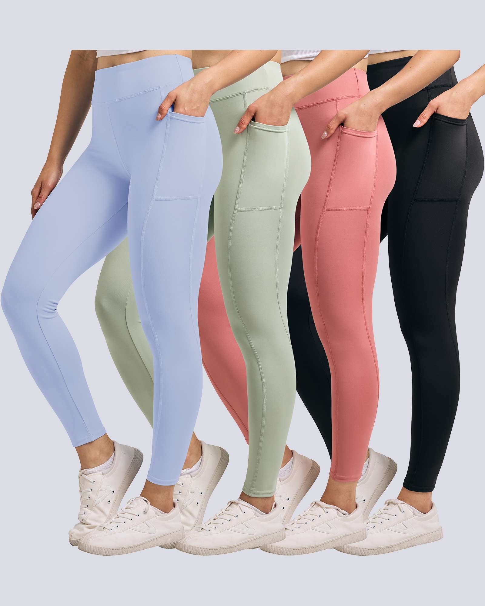 4 Pack: Women's Full Length Fitted Athletic Yoga Performance Leggings with Pockets
