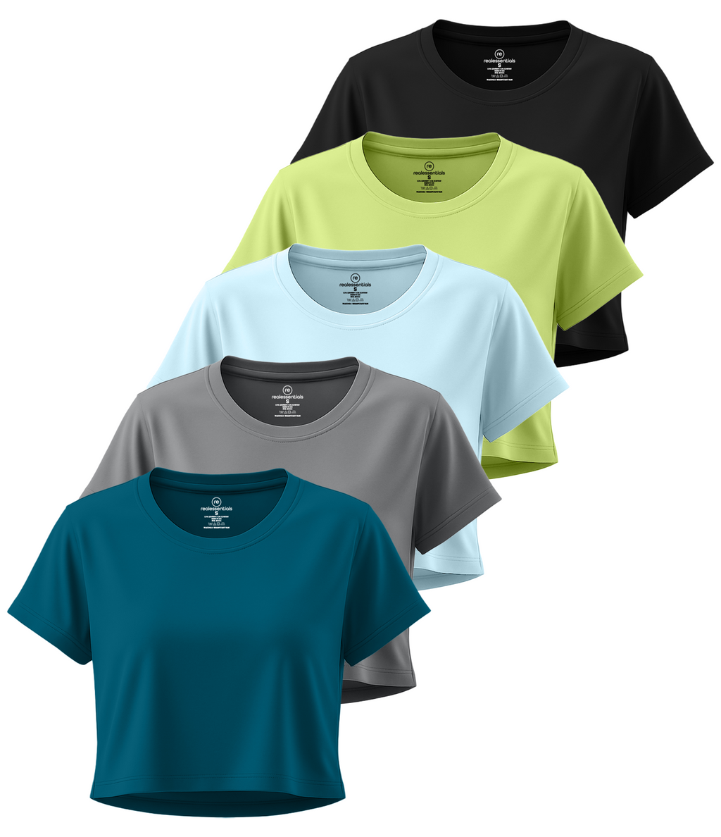 5 Pack: Women's Dry Fit Crop Top - Short Sleeve Crew Neck Stretch Athletic Tee (Available in Plus Size)