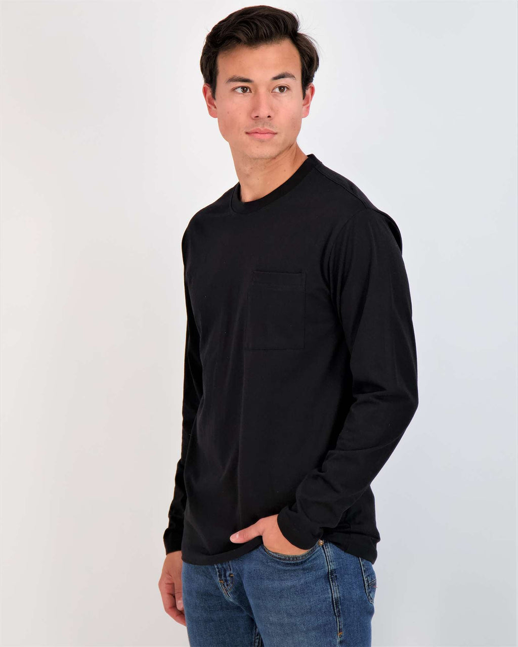 3 Pack: Mens Cotton Long Sleeve Crew Neck Pocket T-Shirt