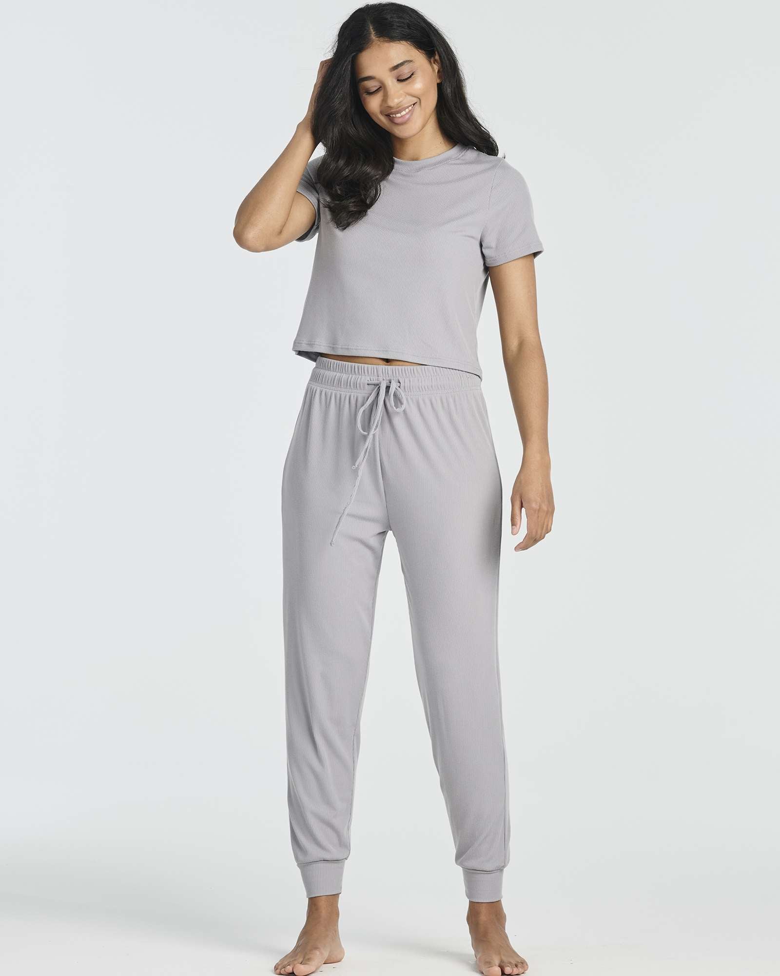 2 Pack: Women's Ribbed Knit Cropped Top with Jogger Sweatpants