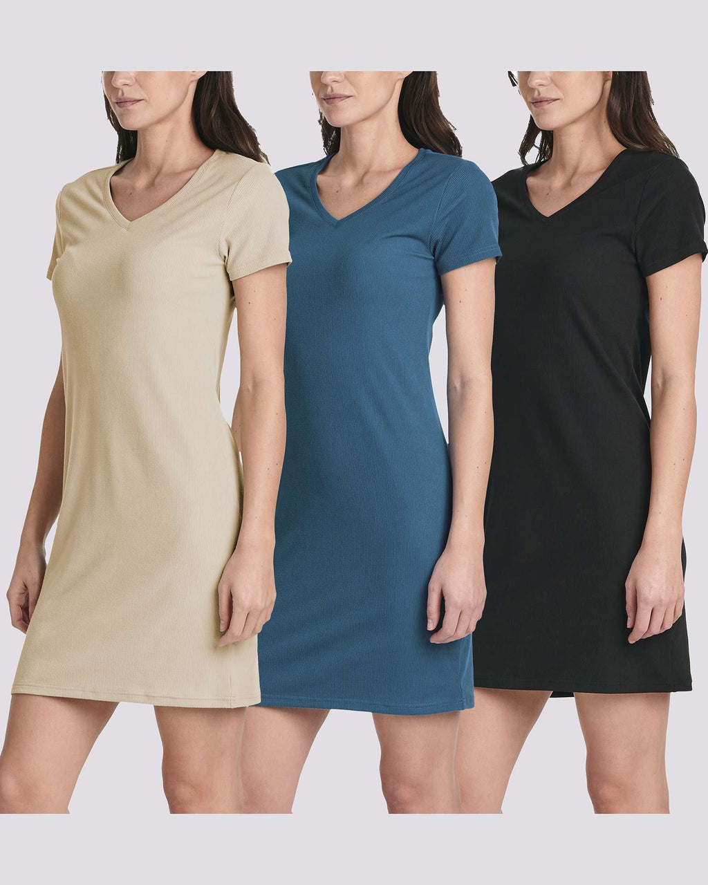 3 Pack: Women's Ribbed Knit Short-Sleeve V-Neck Swing Dress