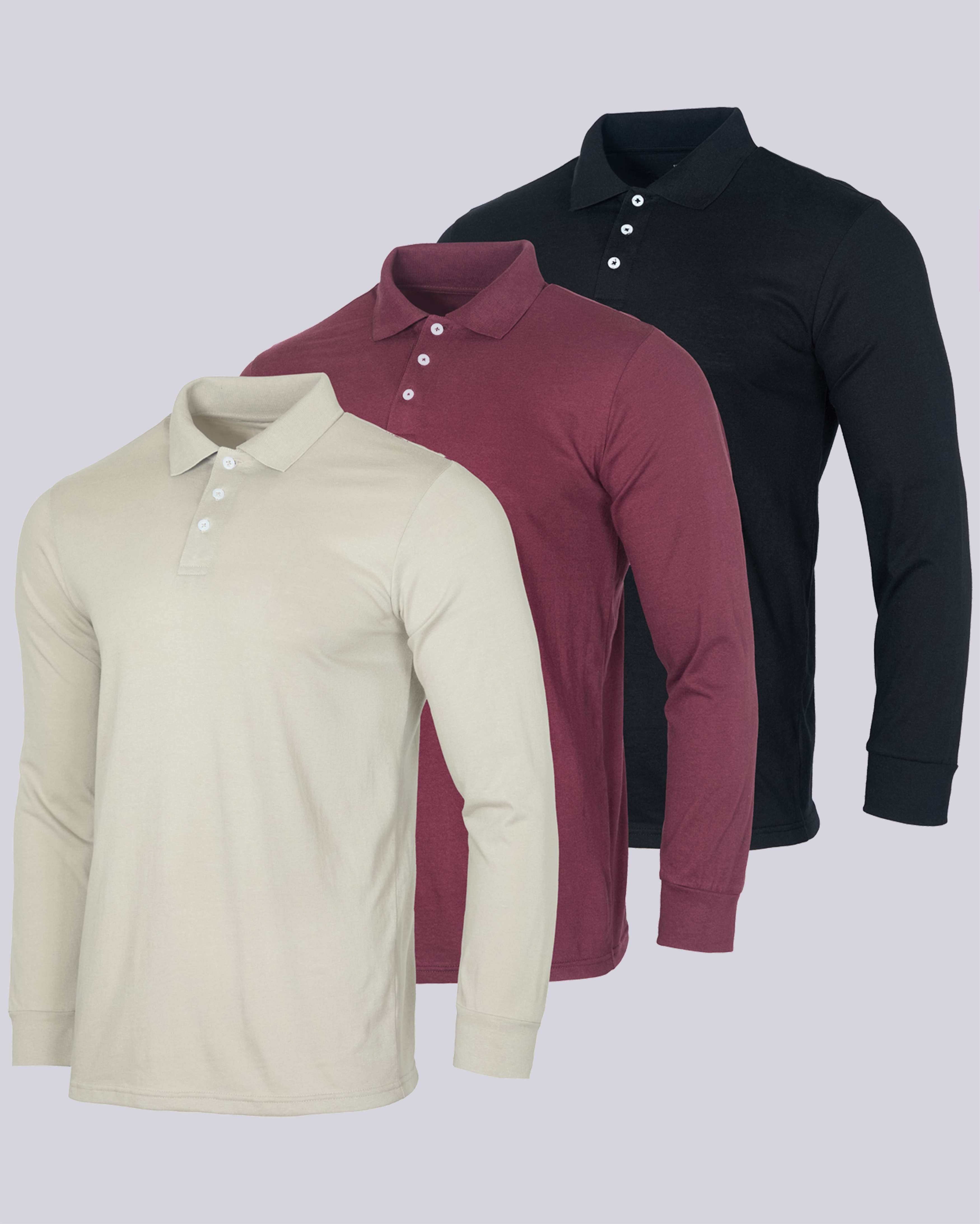 3 Pack: Men's Cotton Jersey Long-Sleeve Polo Shirt (Available in Big & Tall)