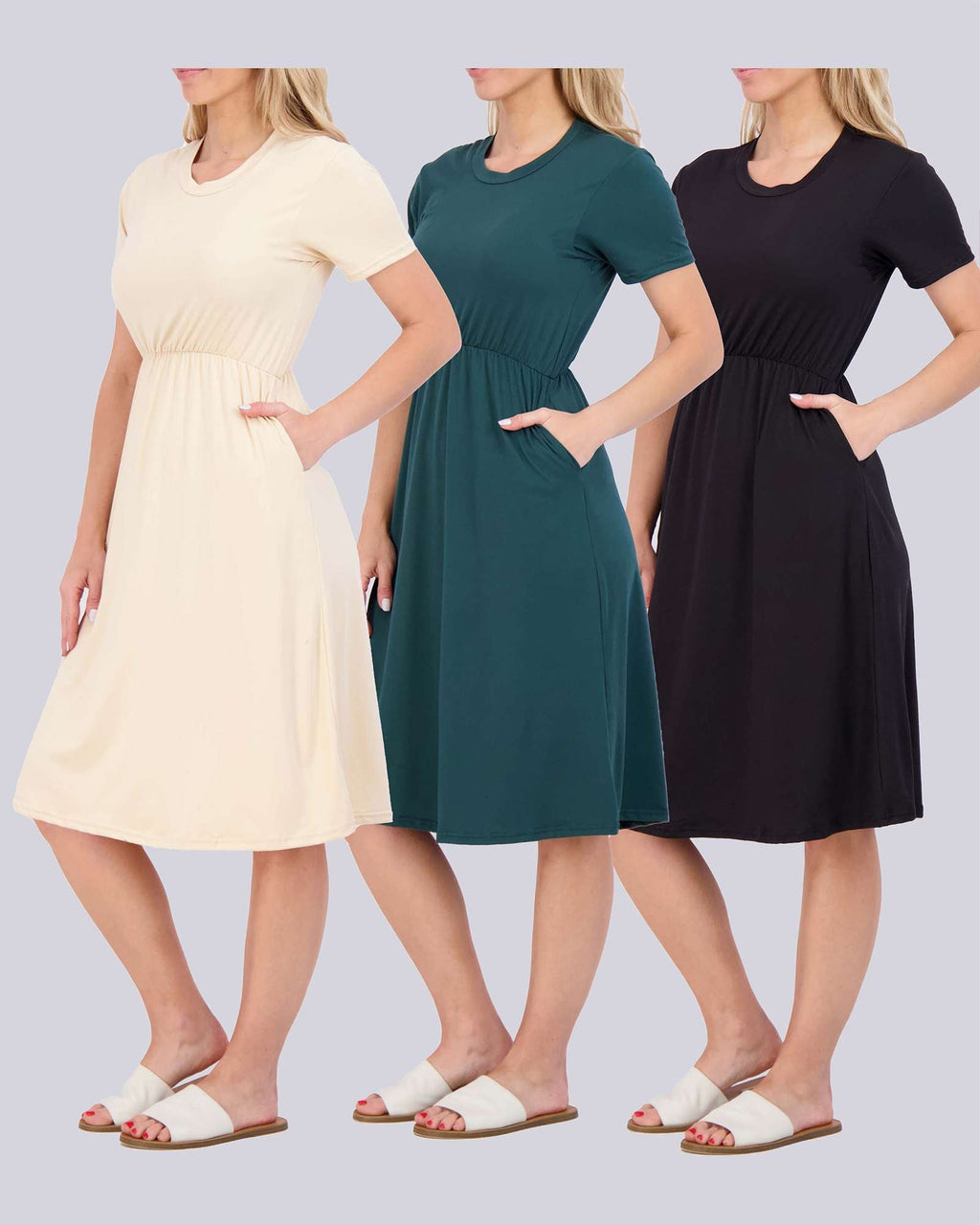 3 Pack: Women's Midi Short Sleeve Soft T-Shirt Dress (Available in Plus Size)
