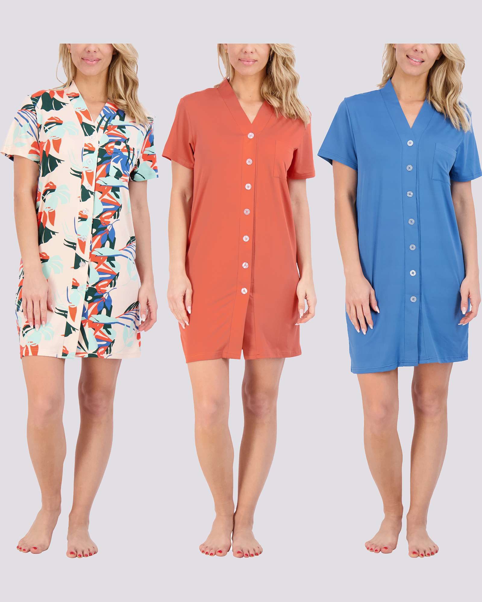 3 Pack: Women's Short Sleeve Button-Down Nightshirt