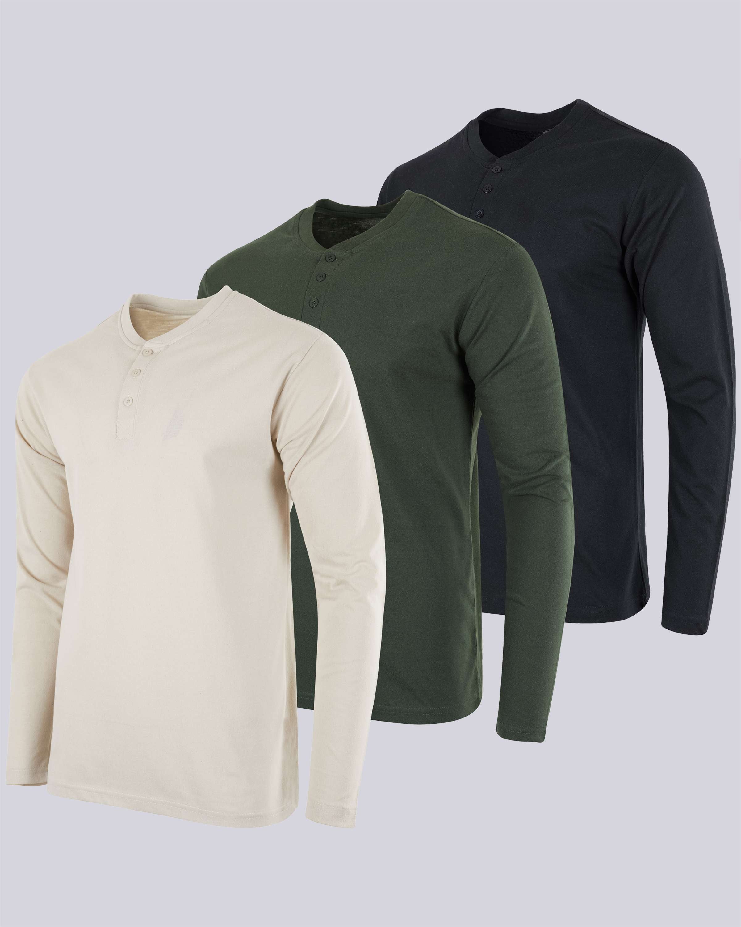 3 Pack: Mens Long Sleeve Cotton Henley T-Shirt