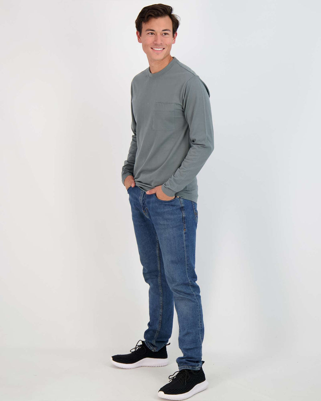 3 Pack: Mens Cotton Long Sleeve Crew Neck Pocket T-Shirt