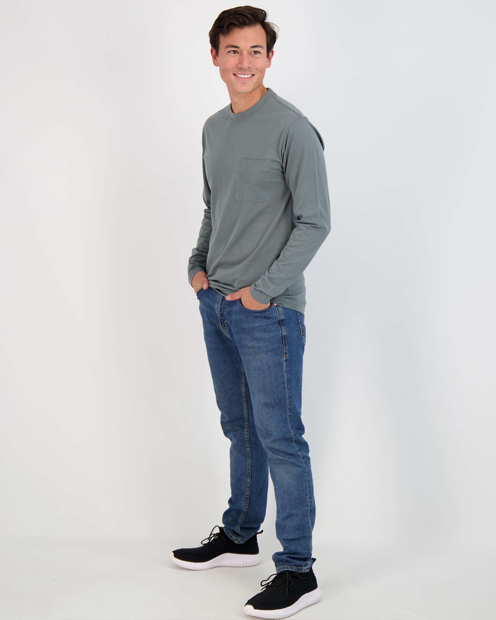 3 Pack: Mens Cotton Long Sleeve Crew Neck Pocket T-Shirt