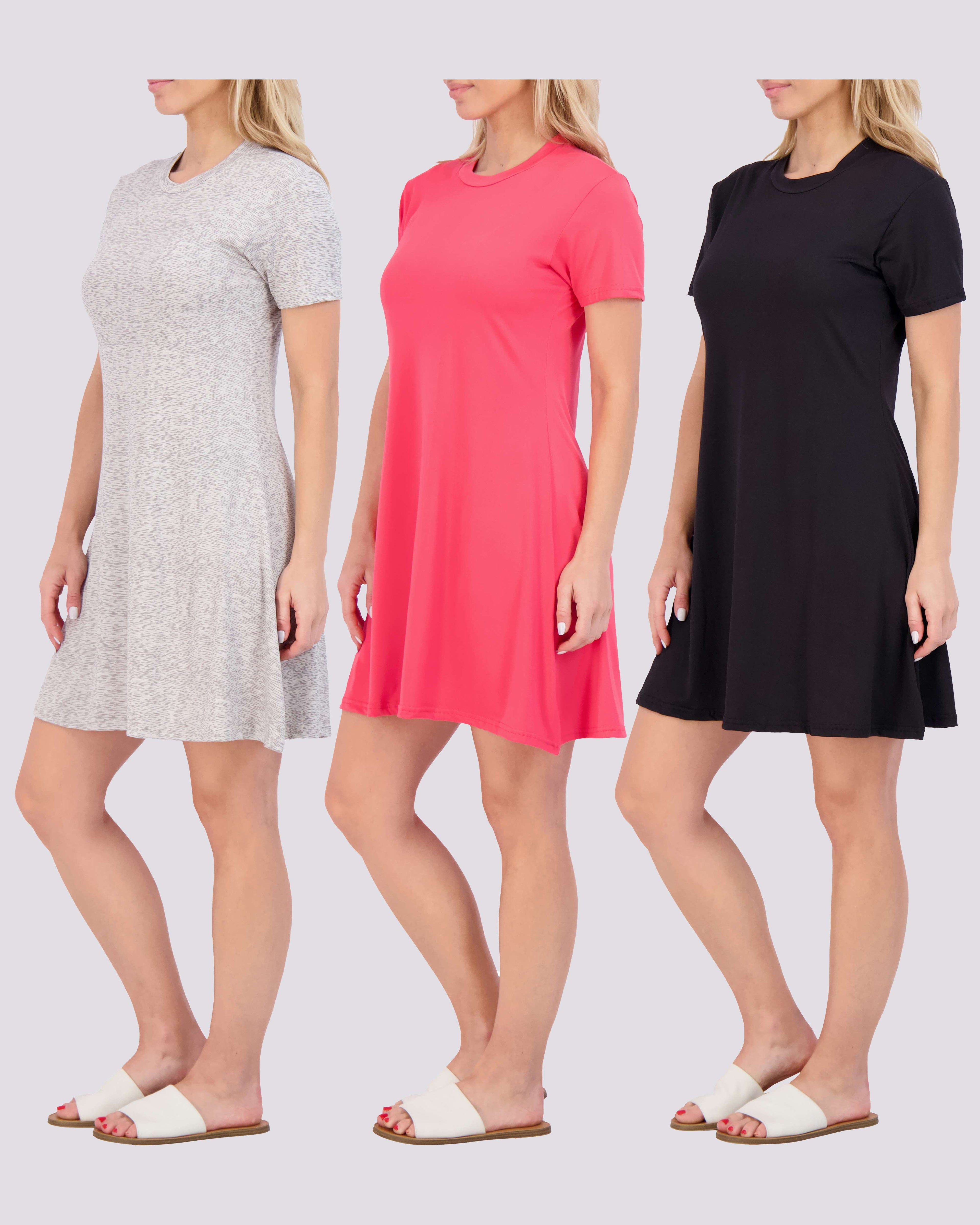 3 Pack: Women's Soft Lounge Swing Casual T-Shirt Dress (Available in Plus Size)