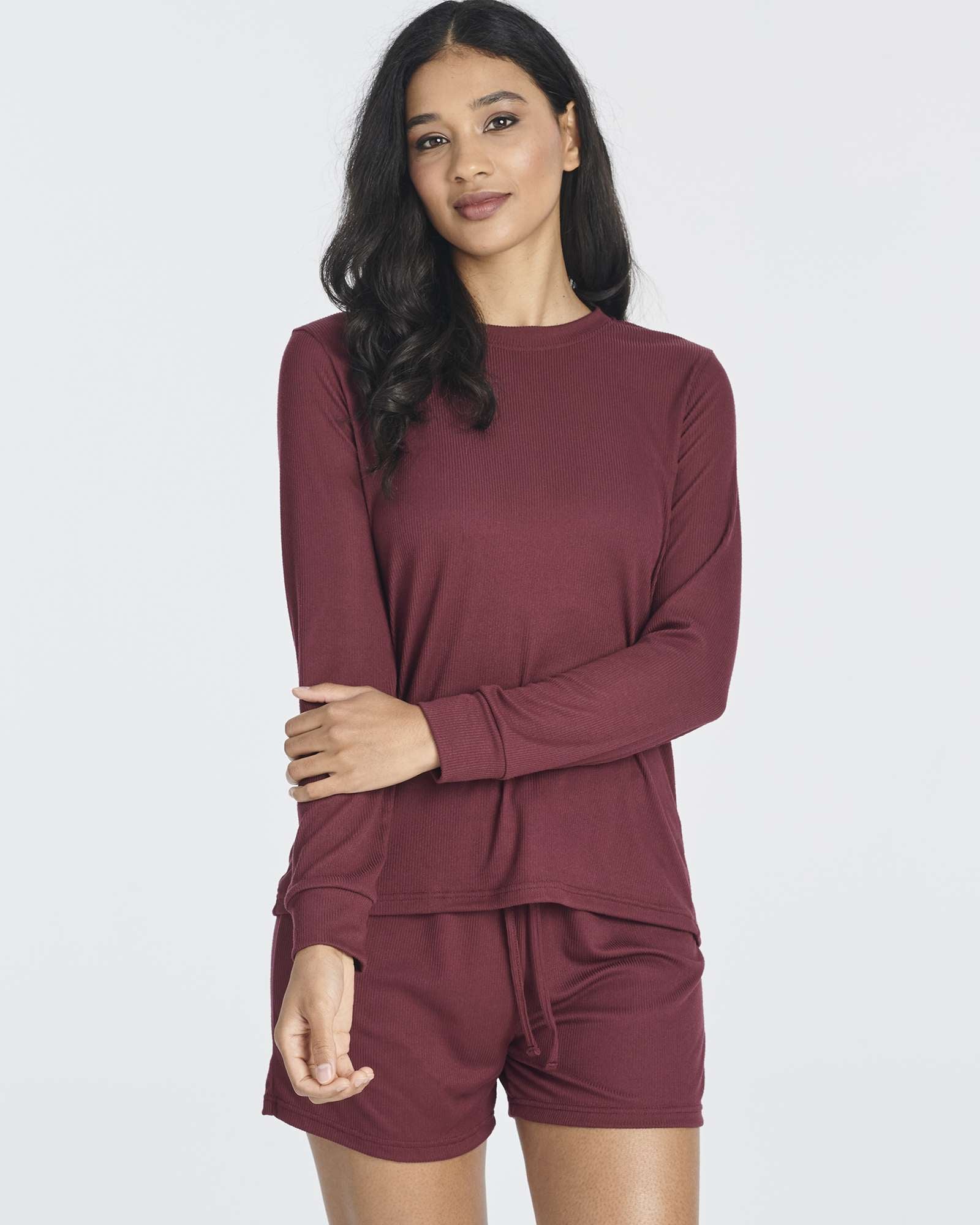 2 Pack: Women's Ribbed Knit Long Sleeve Top and Shorts Pajama Set (Available in Plus Size)