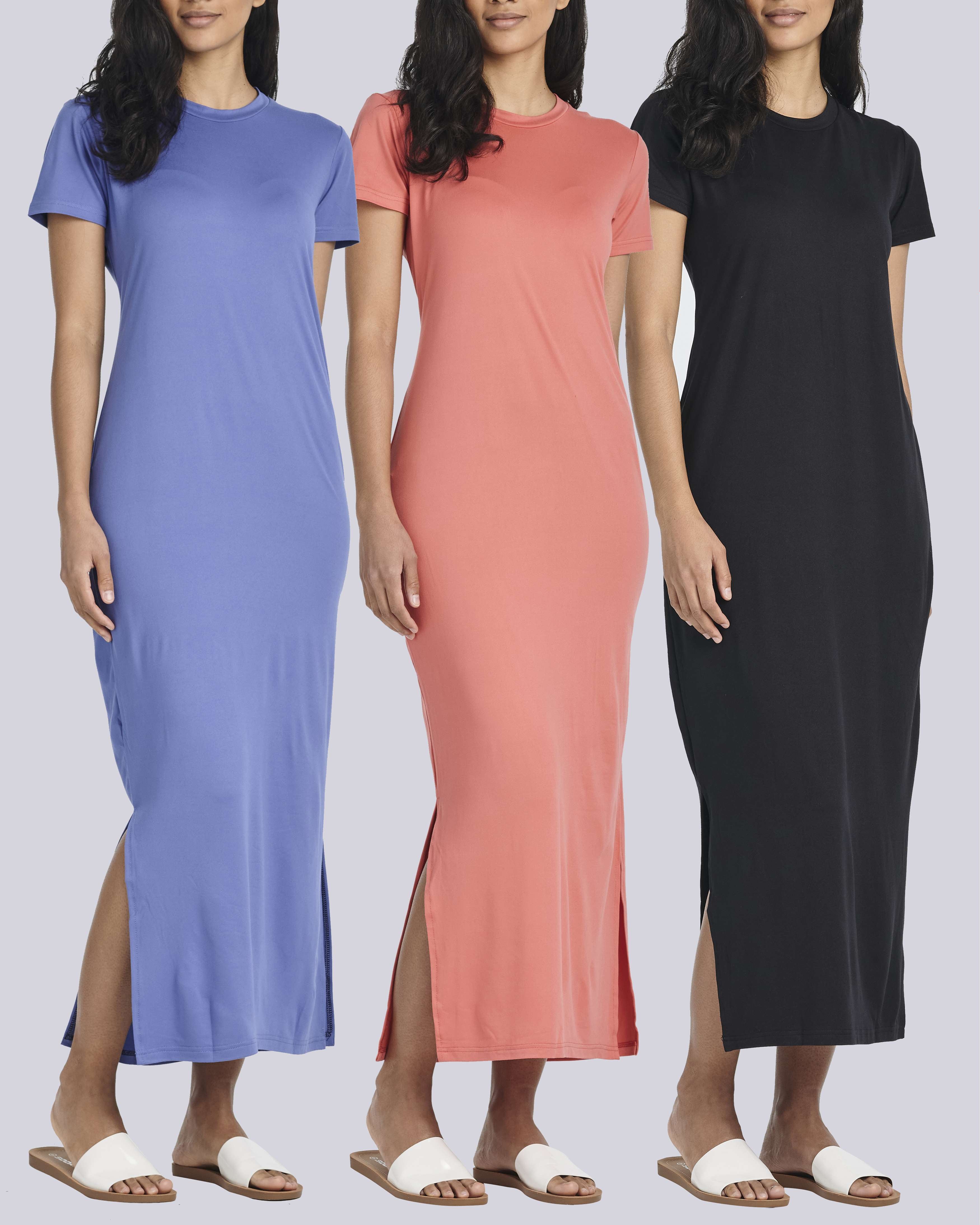 3 Pack: Women’s Casual Short Sleeve Maxi T-Shirt Dress (Available In Plus Size)