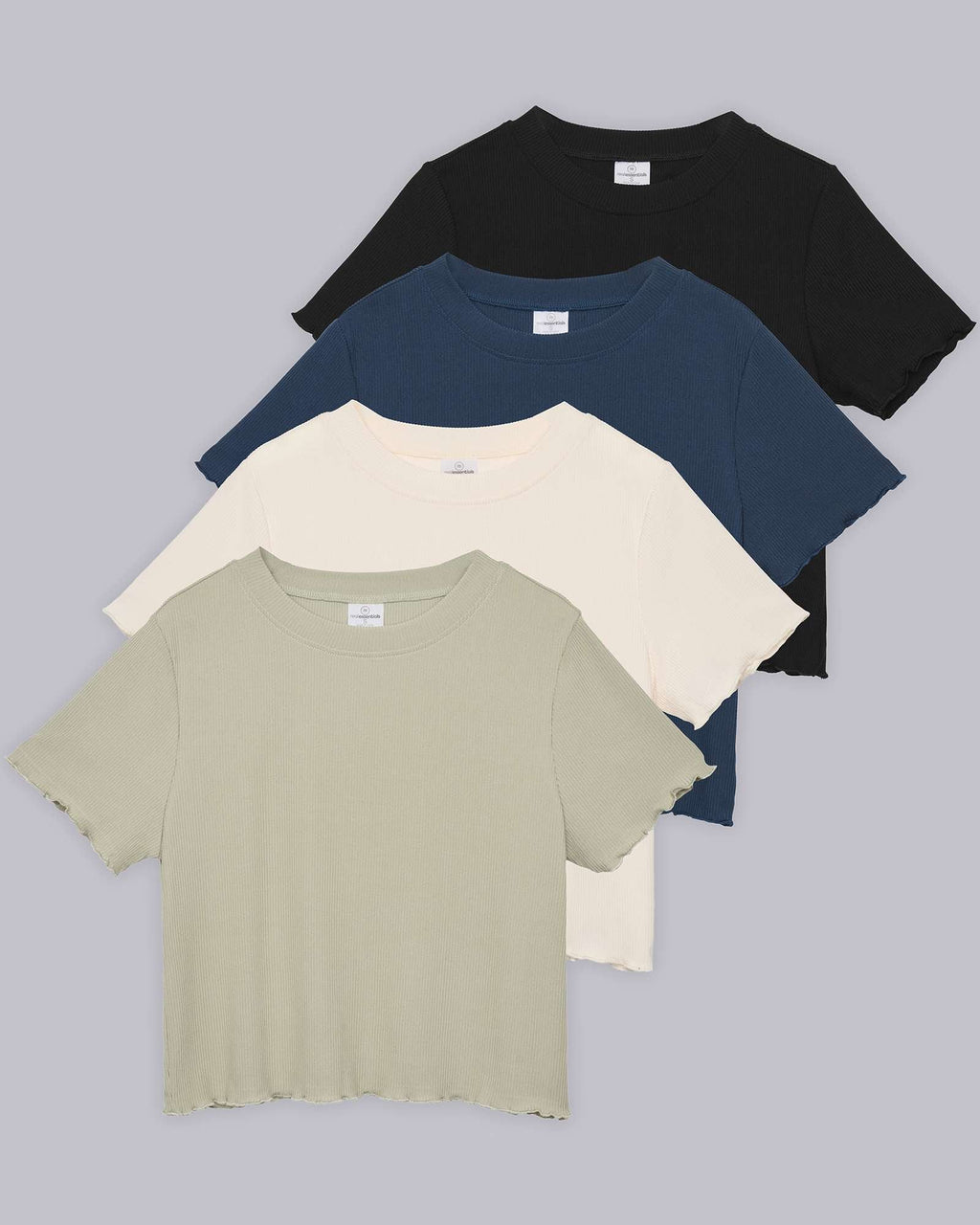 4 Pack: Women's Lettuce Trim Ribbed Knit Short Sleeve Crop Tops