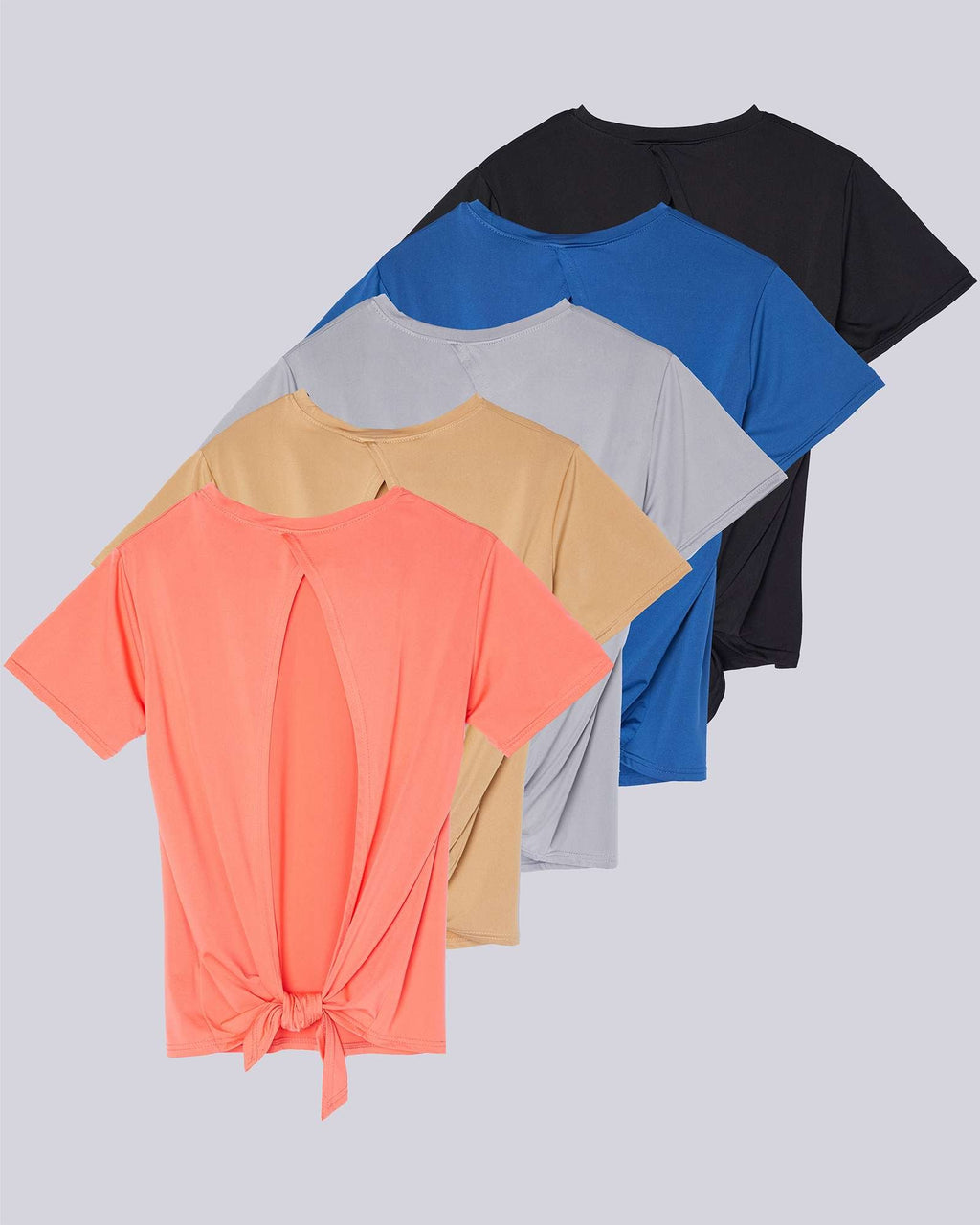 5 Pack: Women's Short Sleeve Open Back Tie Back Dry-Fit T-Shirt
