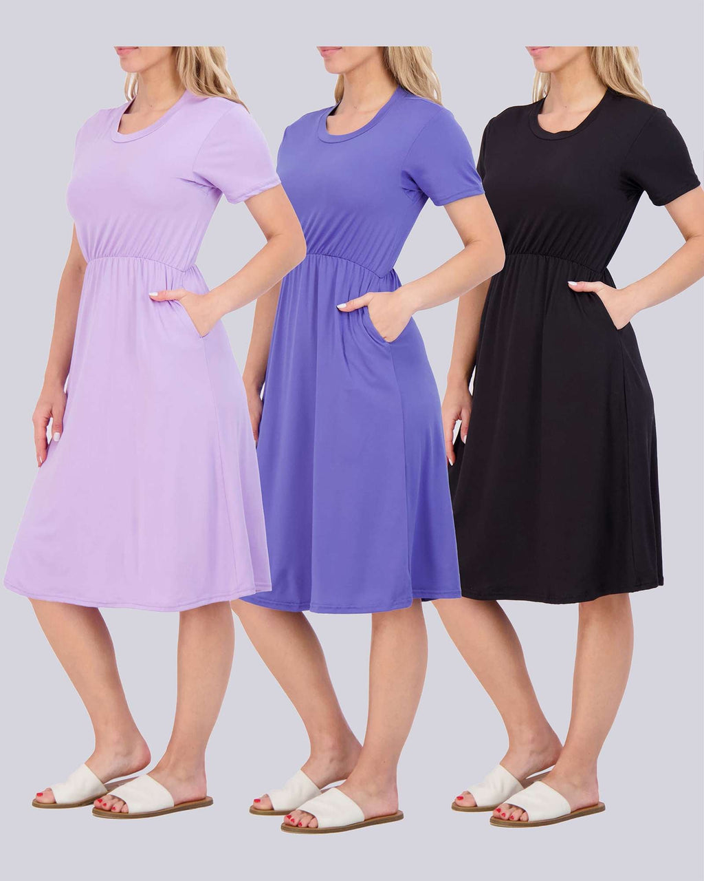3 Pack: Women's Midi Short Sleeve Soft T-Shirt Dress (Available in Plus Size)